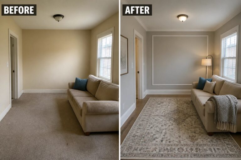 Before-and-after image of a small living room updated from plain beige walls to soft gray paint with white picture-frame wall molding, plus a rug and lamp to finish the seating area.