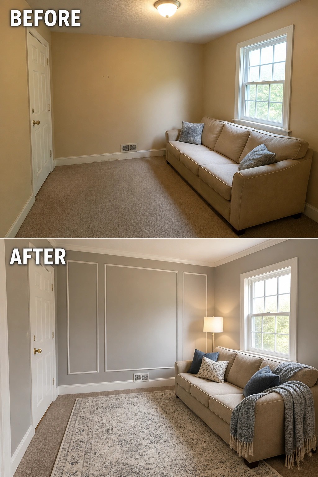 Before-and-after image of a small living room updated from plain beige walls to soft gray paint with white picture-frame wall molding, plus a rug and lamp to finish the seating area.