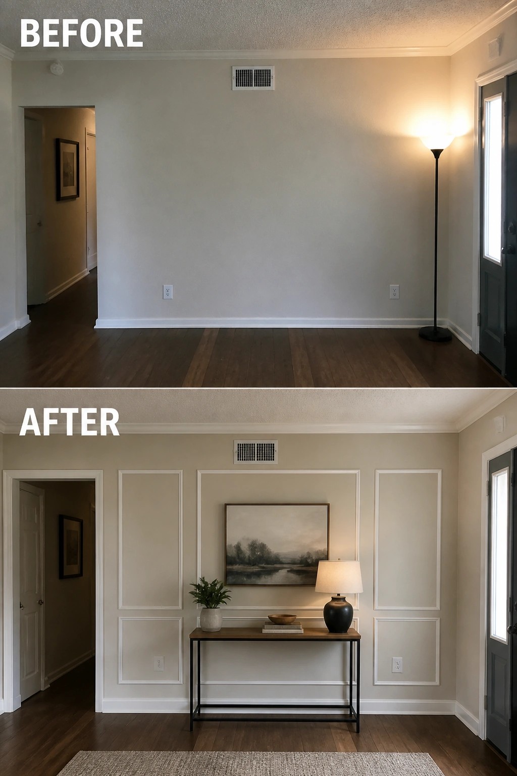 Before-and-after image of a plain living room wall updated with decorative picture-frame wall trim, a slim console table, a lamp, and framed artwork.