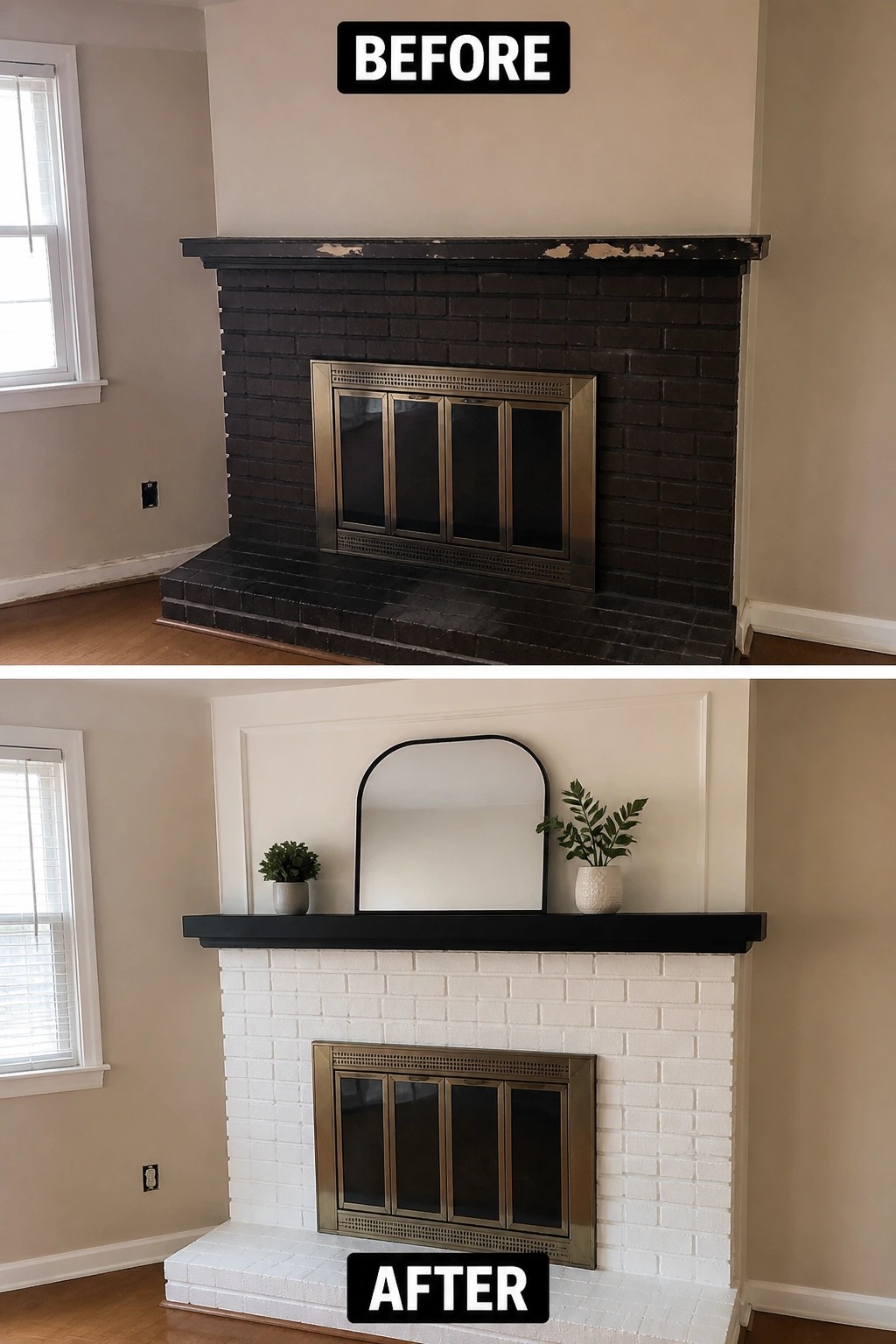 Before-and-after image of a fireplace where dark brick and a worn mantel are updated by painting the brick white, refinishing the mantel black, and adding a mirror and small plants.
