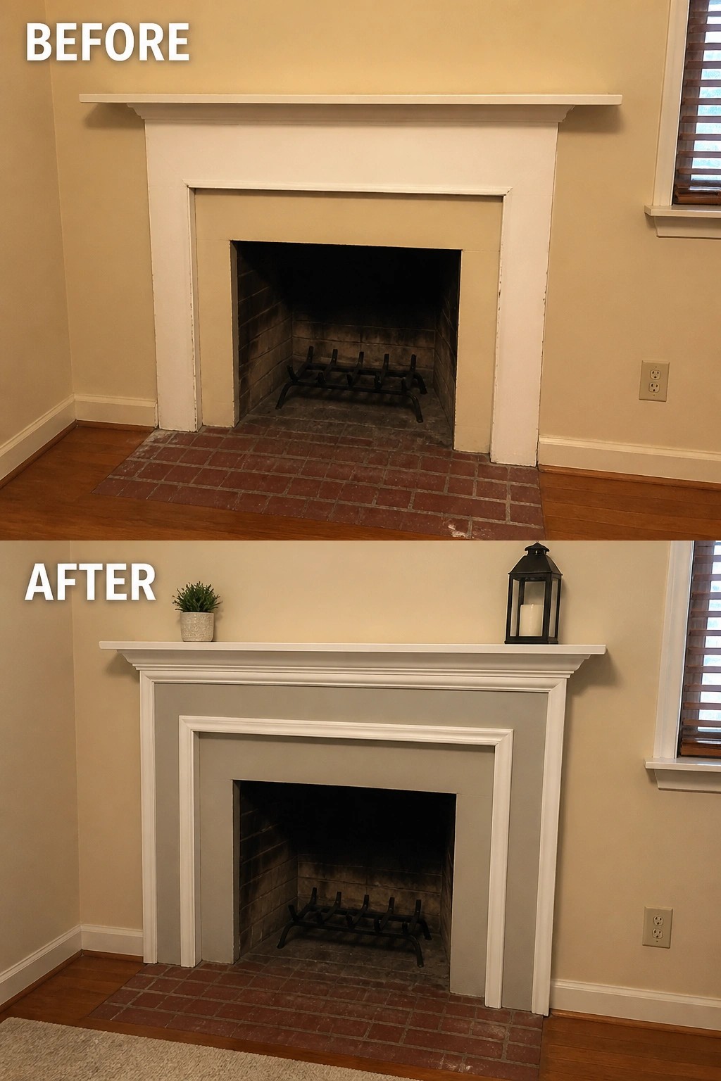 Before-and-after image of an indoor fireplace updated by adding decorative trim and a contrasting painted surround.
