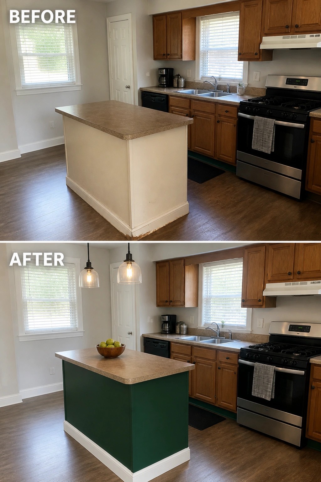 Before-and-after image of a kitchen where a plain beige island is painted deep green and finished with new white base trim.