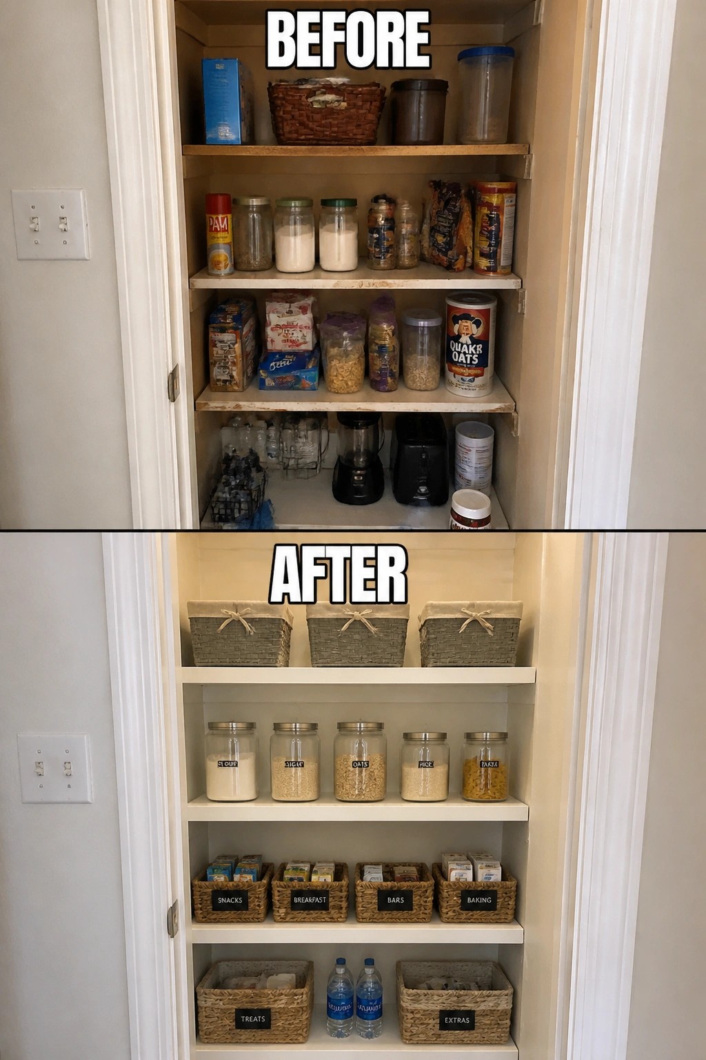 Before-and-after image of a small pantry with worn, cluttered shelves updated to painted white shelves organized with matching glass jars and woven baskets.