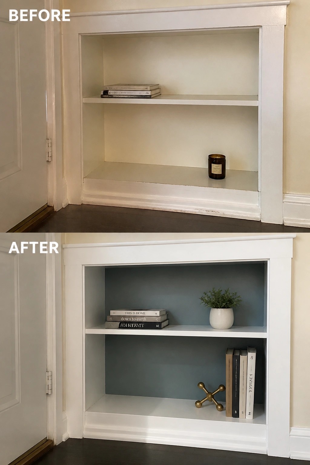 Before-and-after image of a built-in shelf updated by painting the interior back panel blue and styling with books and a small plant.