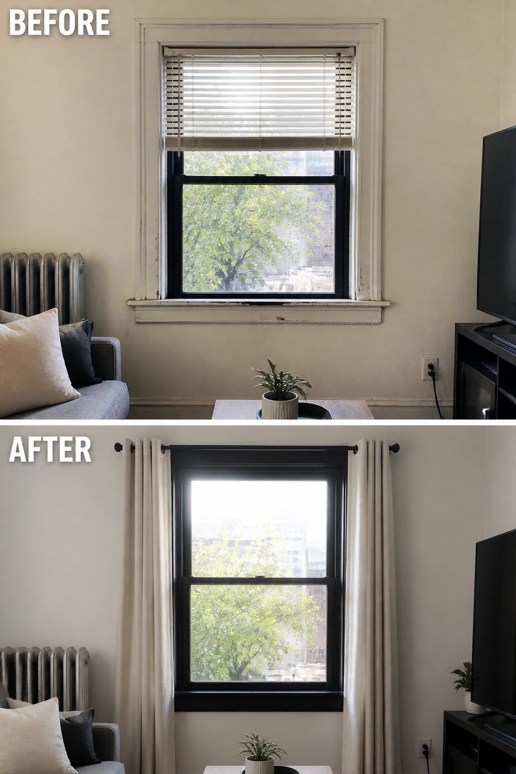 Before-and-after image of a small living room window updated by painting the trim dark and adding floor-to-ceiling curtains.