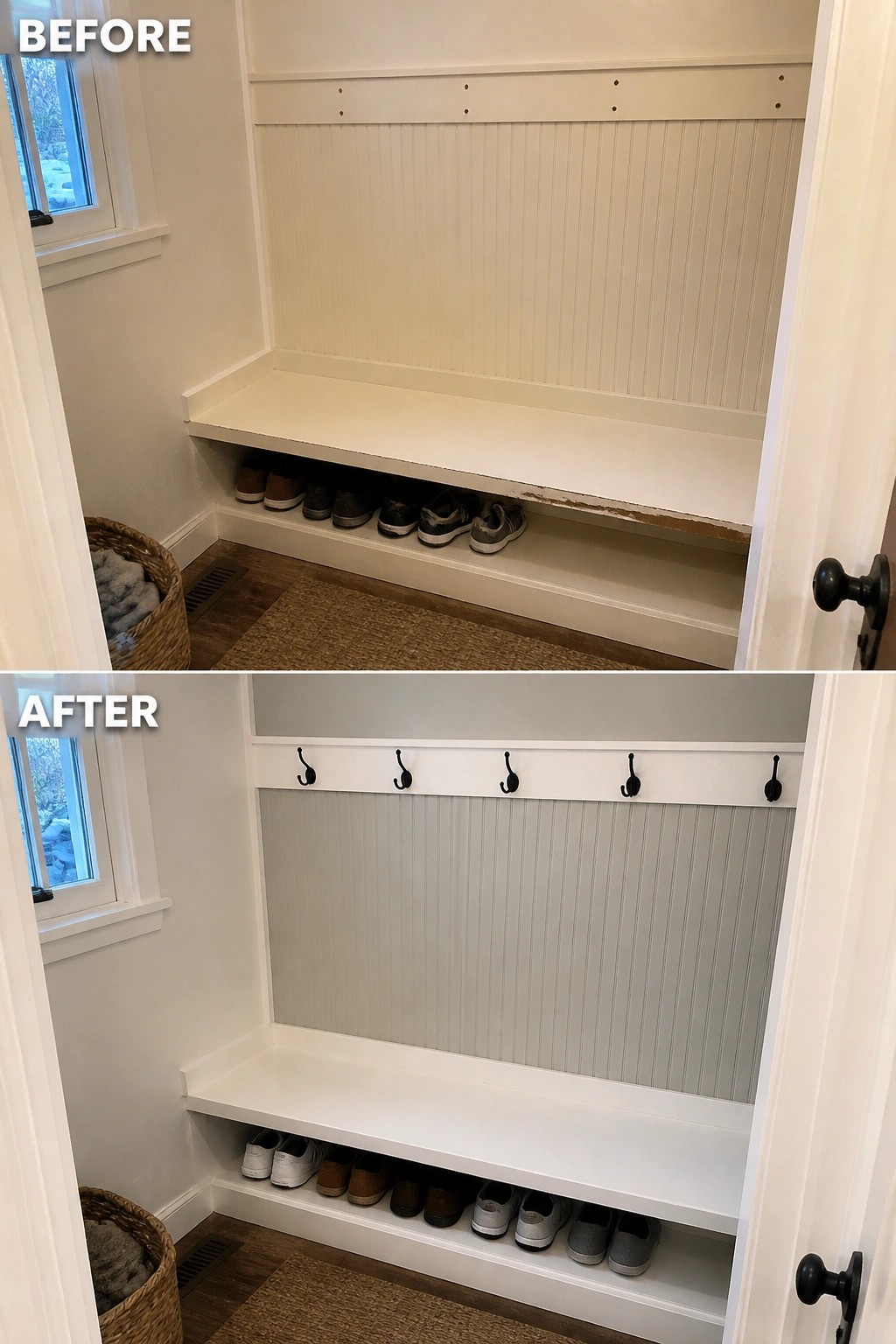 Before-and-after image of a small entry bench updated with fresh paint, added hooks, and a neater shoe shelf.