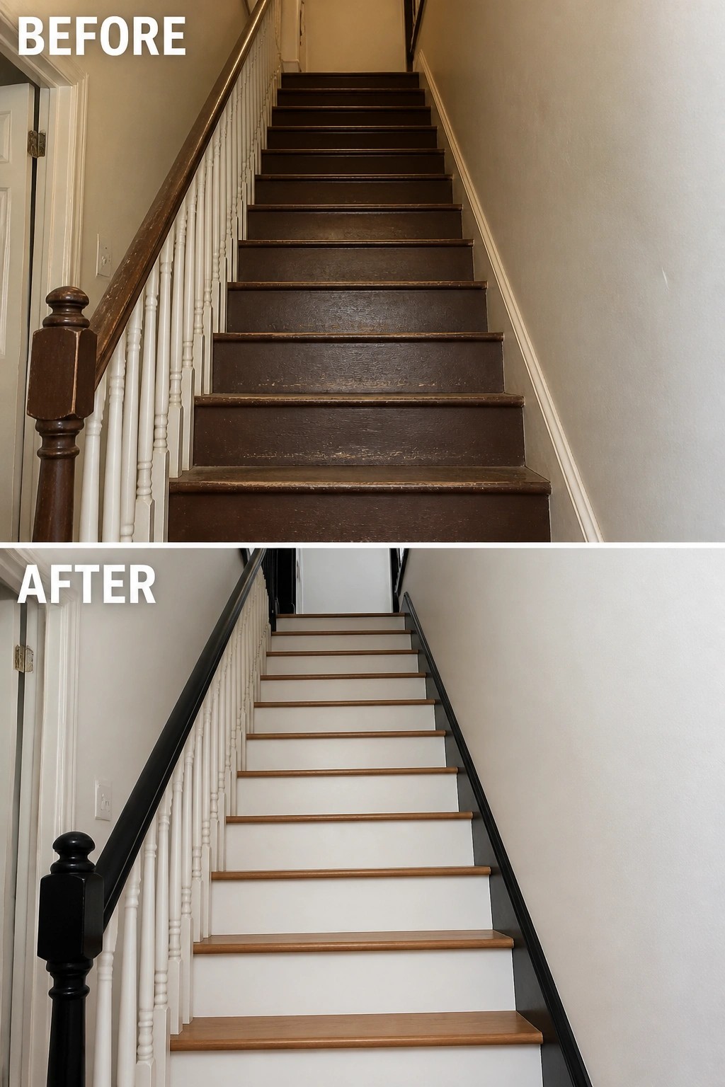 Before-and-after image of a dark painted staircase updated with white risers, natural wood treads, and a black-painted handrail and trim.