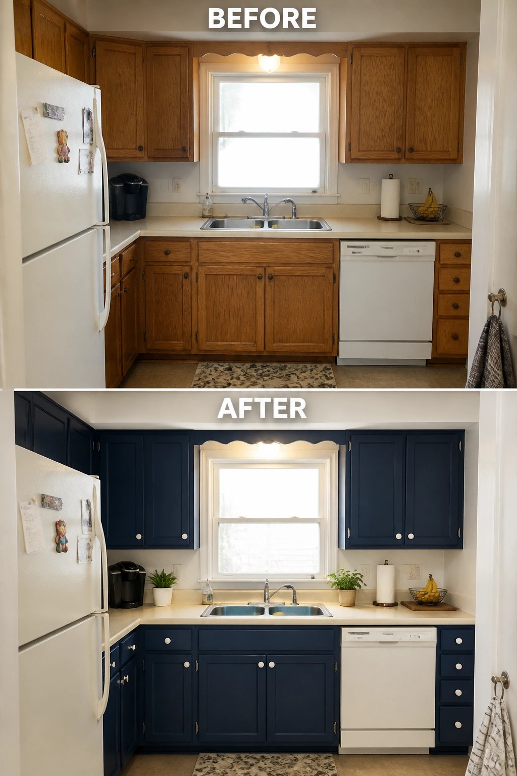 Before-and-after image of a small kitchen where oak cabinets were painted navy and fitted with new round white knobs.
