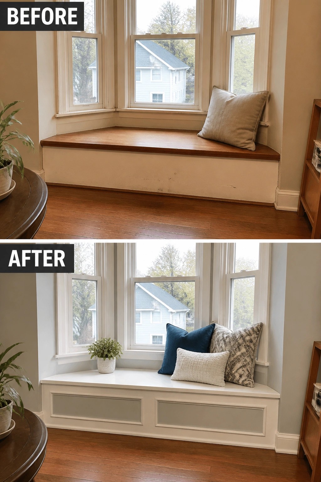 Before-and-after image of a plain window seat updated with painted panel trim, a white painted top, and styled cushions.