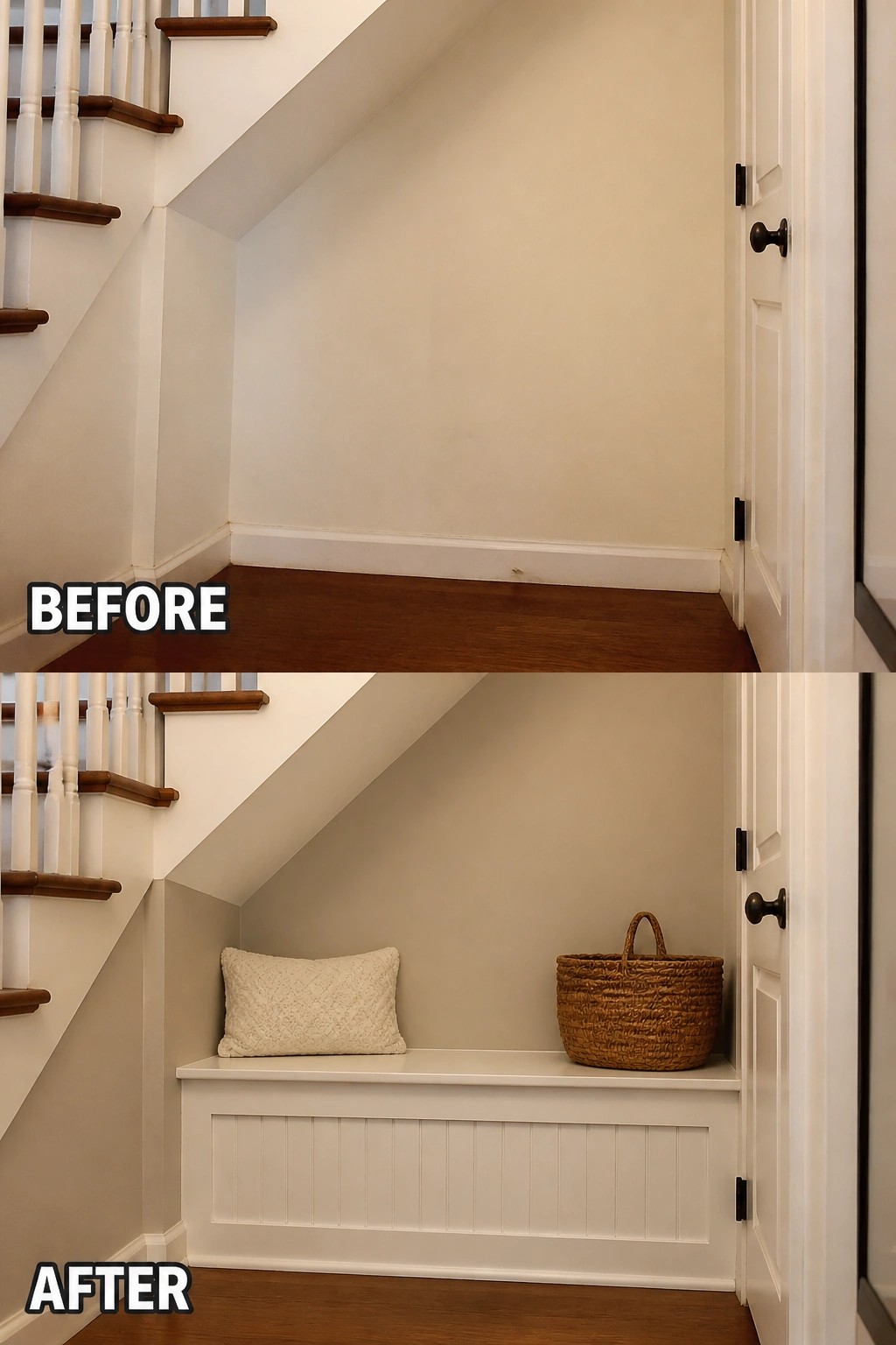 Before-and-after image of an empty under-stair nook turned into a built-in bench with a beadboard front, cushion, and woven basket.
