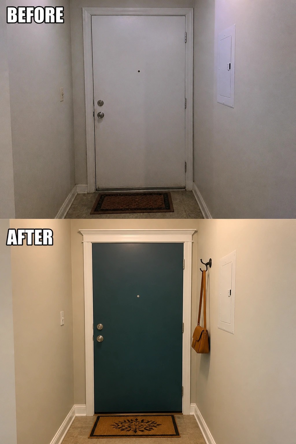 Before-and-after image of a plain entry showing the door repainted deep teal with new white trim, a hook on the wall, and a fresh doormat.