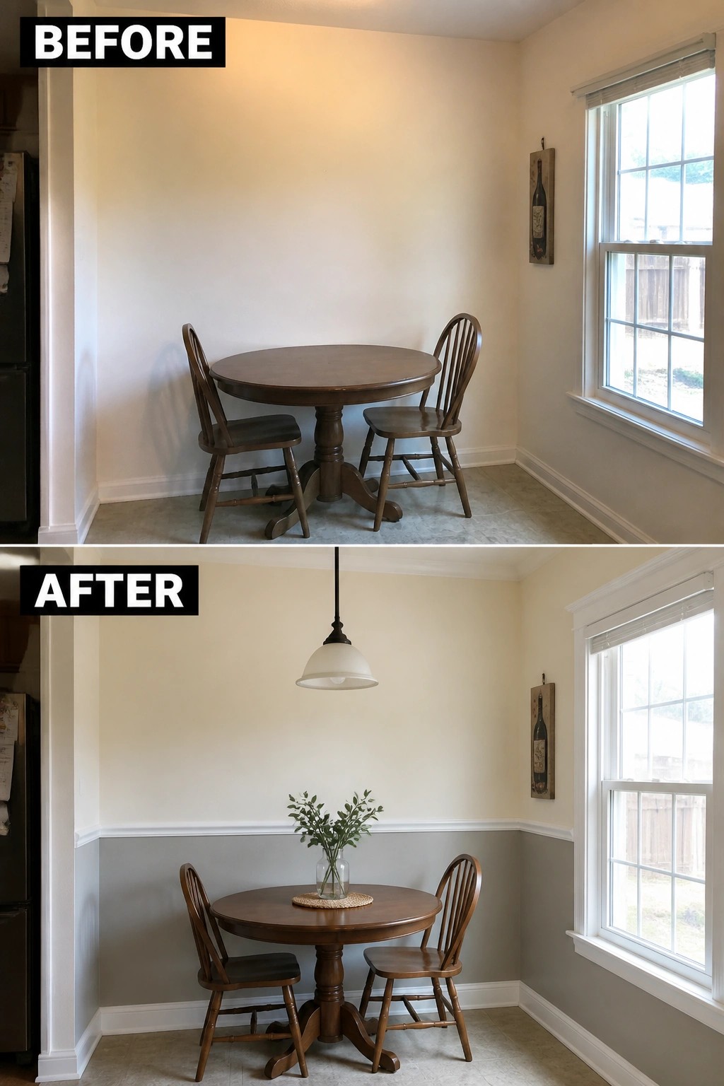 Before-and-after image of a small dining nook updated with a chair rail and two-tone paint on the walls plus a new pendant light and simple table styling.