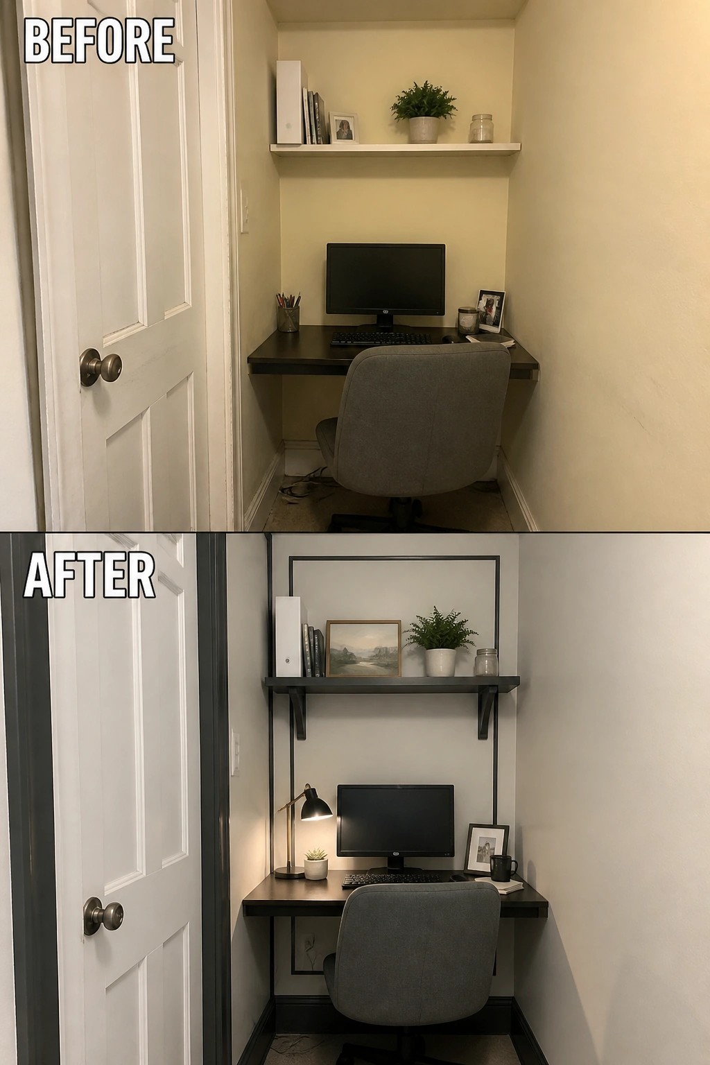 Before-and-after image of a small built-in desk nook updated by adding painted contrasting trim and a dark mounted shelf to define the workspace.