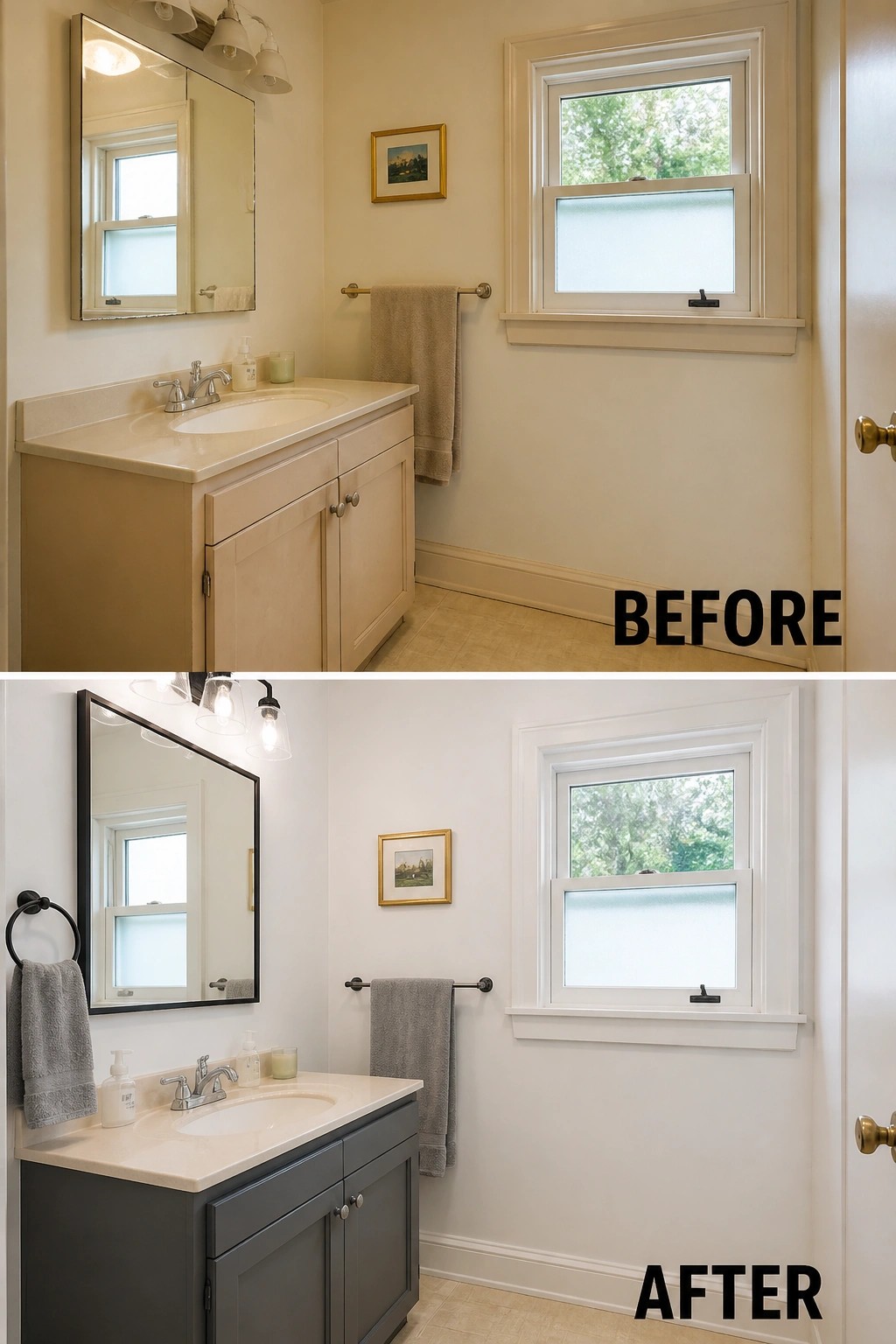 Before-and-after bathroom: beige vanity to gray vanity, black-framed mirror, white walls, towel, window.