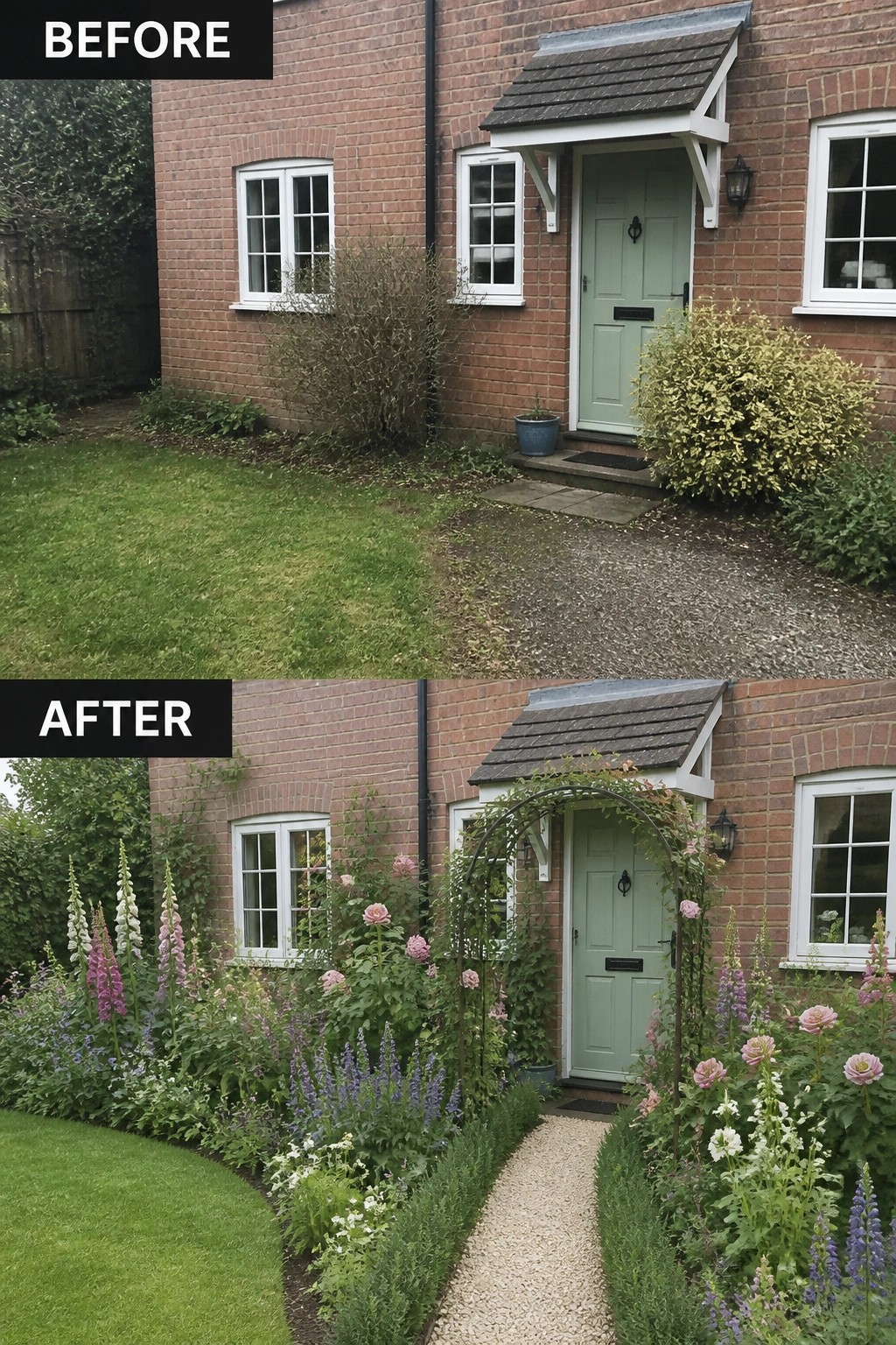 Before-and-after cottage: plain lawn replaced by lush pink and purple borders, arched trellis, mint door