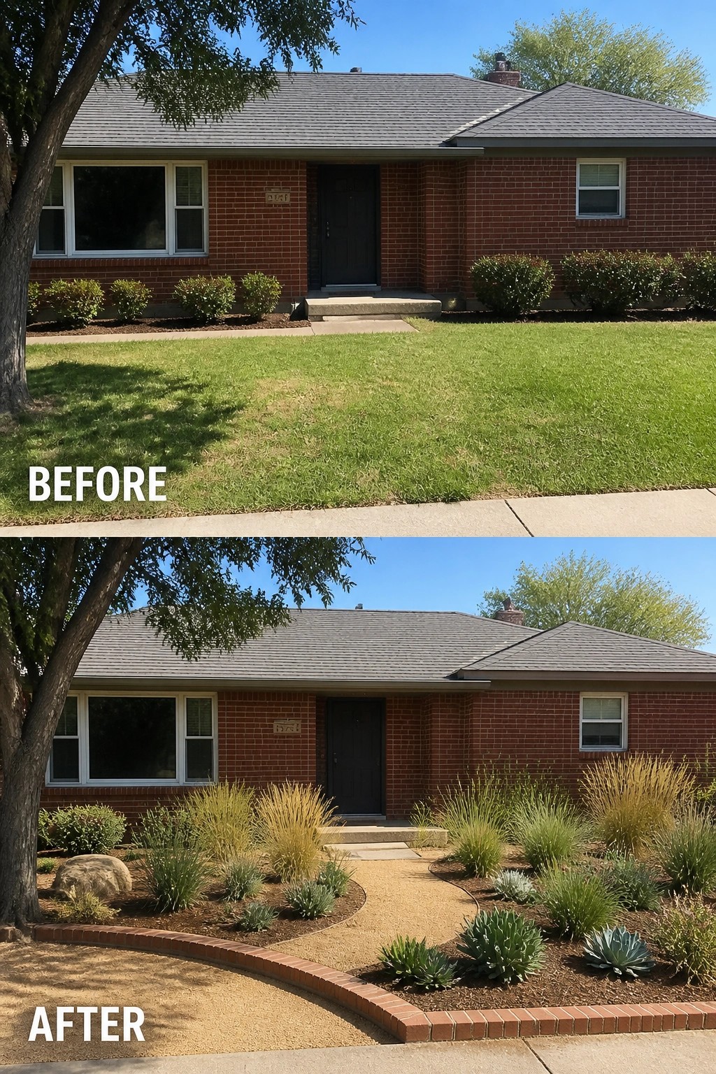Before-and-after image of a brick house where a front lawn and low shrubs were replaced by a gravel walkway, brick-edged planted beds, and drought-tolerant grasses and succulents.