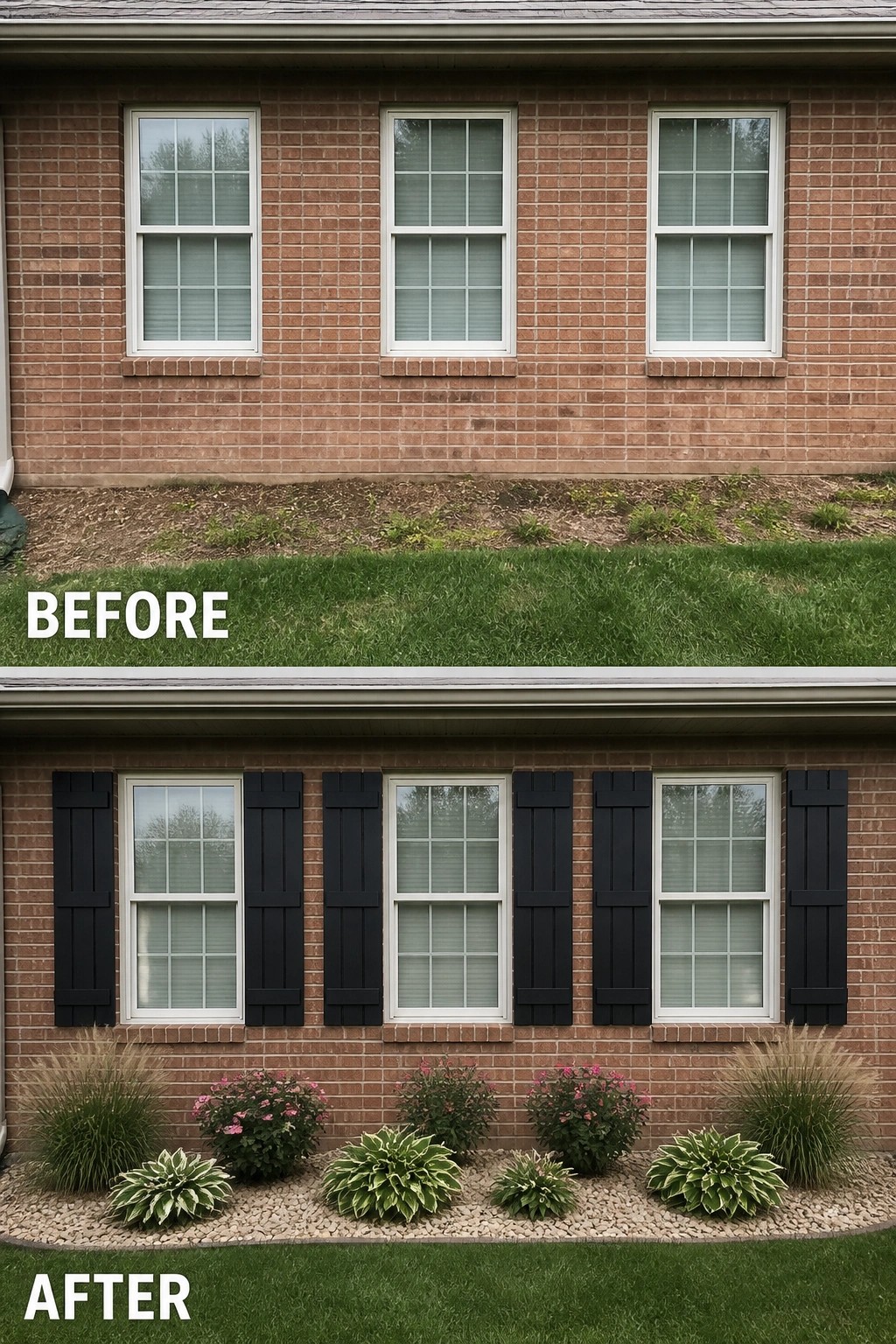 Brick house before-and-after: three windows above grass; after—black shutters, hostas, pink shrubs.