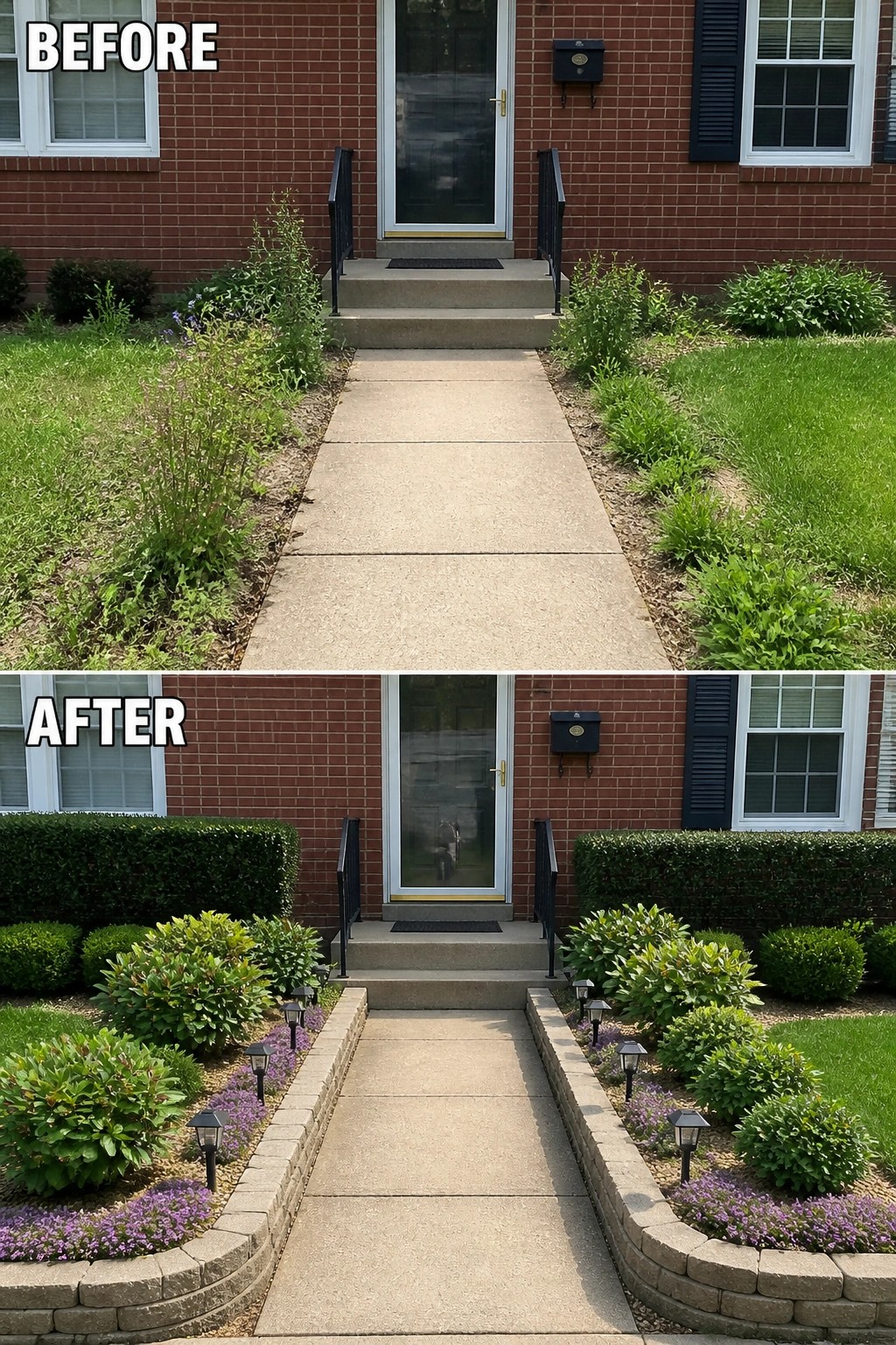 Before-and-after image of a front walkway where overgrown edges were replaced with low stone garden walls, planted beds of shrubs and purple groundcover, and pathway lights.