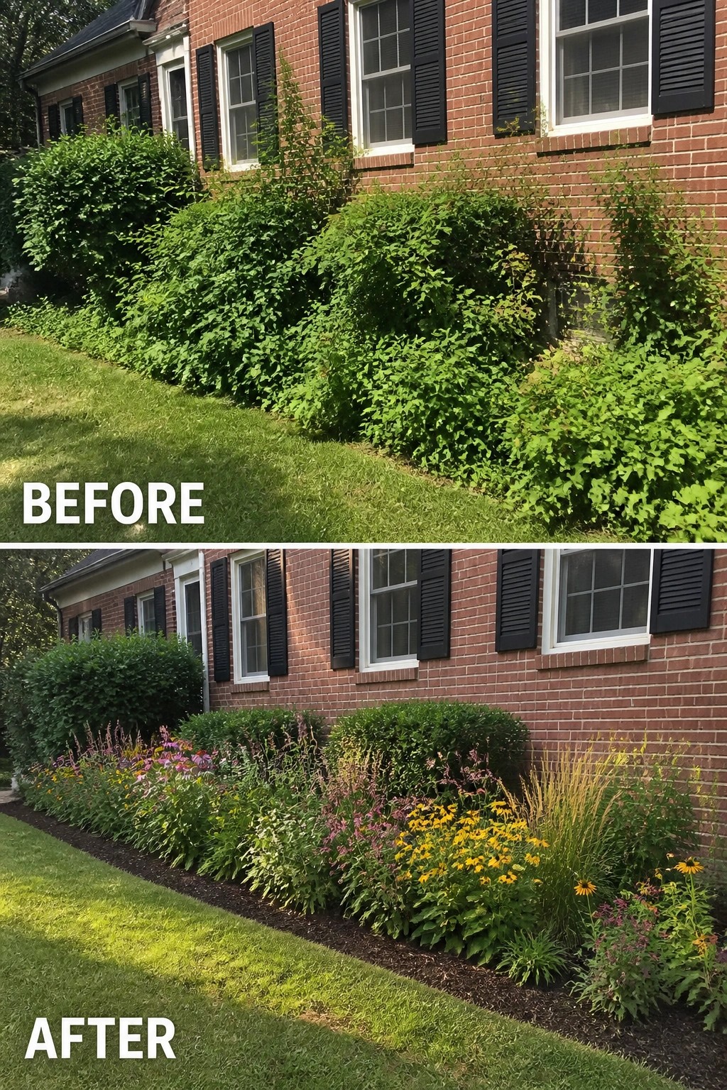 Before-and-after image of a brick house where an overgrown foundation was cleared and replaced with a tidy, mulched perennial planting bed and trimmed shrubs.