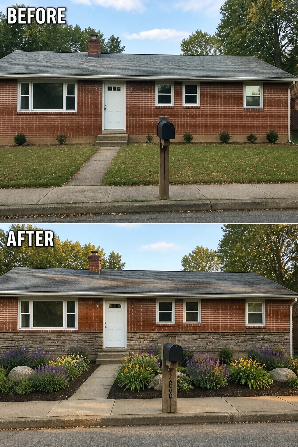 Split before-and-after showing brick ranch house with stone veneer, mailbox, colorful flowerbeds.