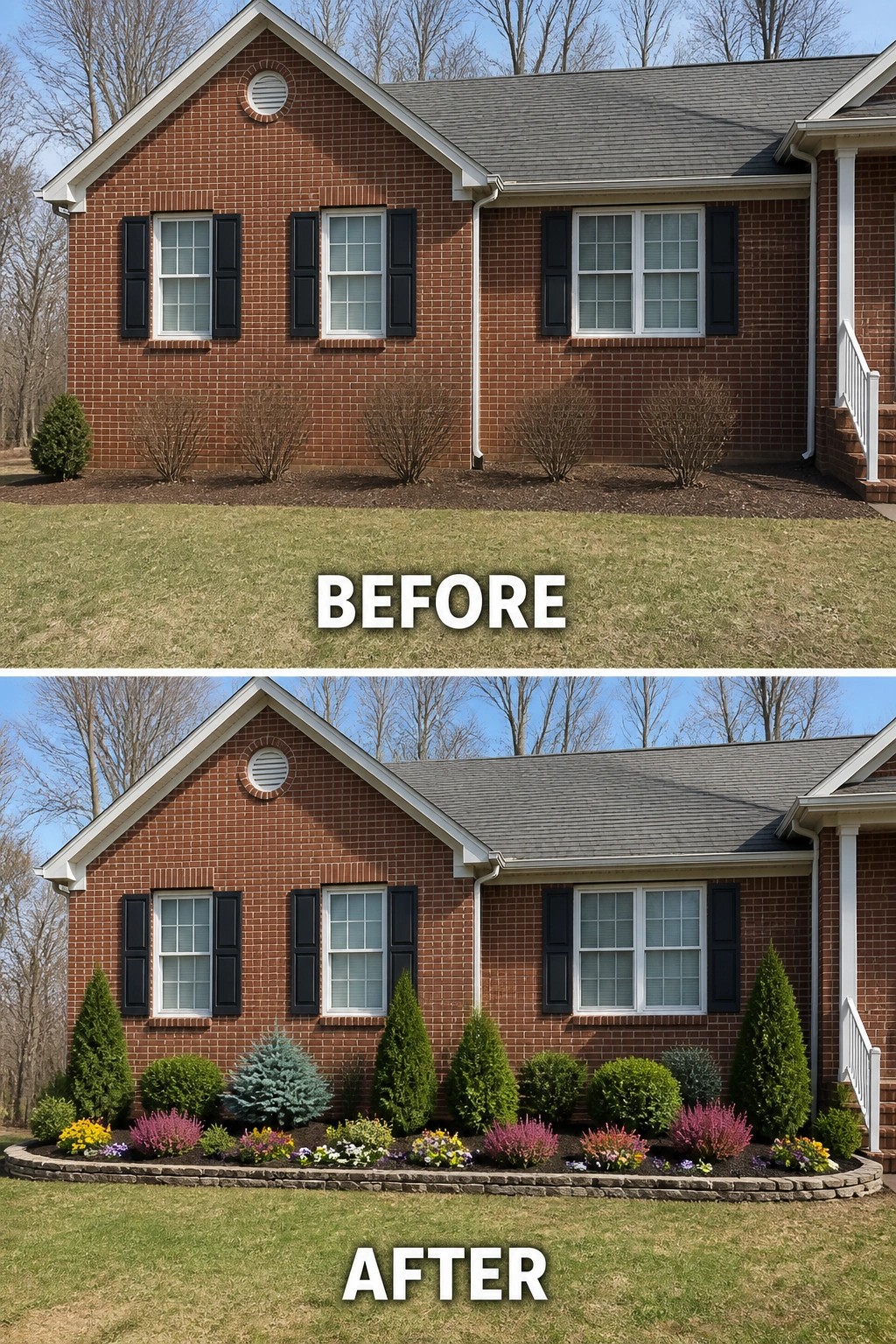 Before-and-after image of a brick house where a bare foundation was replaced with a defined stone-edged garden bed planted with evergreens, shrubs, and flowering perennials.