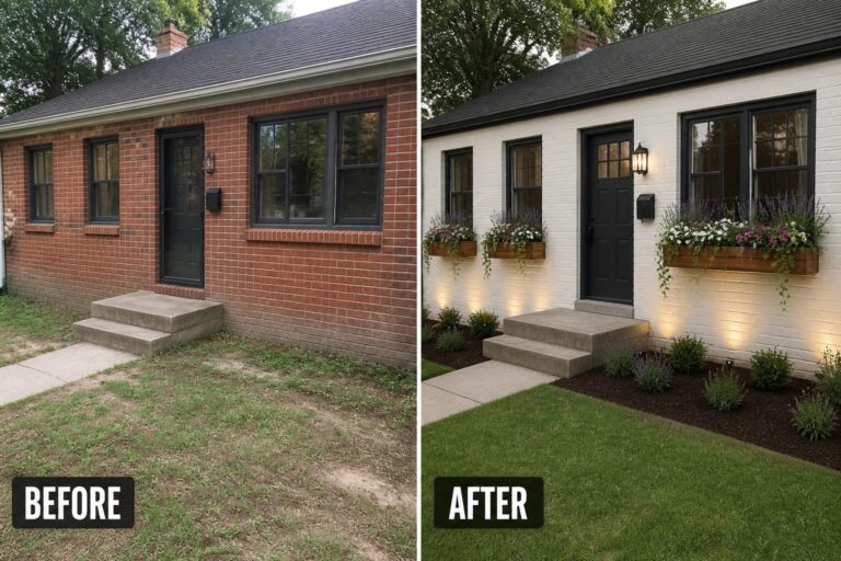 23 Beautiful Brick Exterior Refresh Ideas That Blend Landscaping Into the Facade Before-and-after image of a red brick front facade updated by painting the brick a light neutral, adding dark trim and window flower boxes to create a refreshed entry.