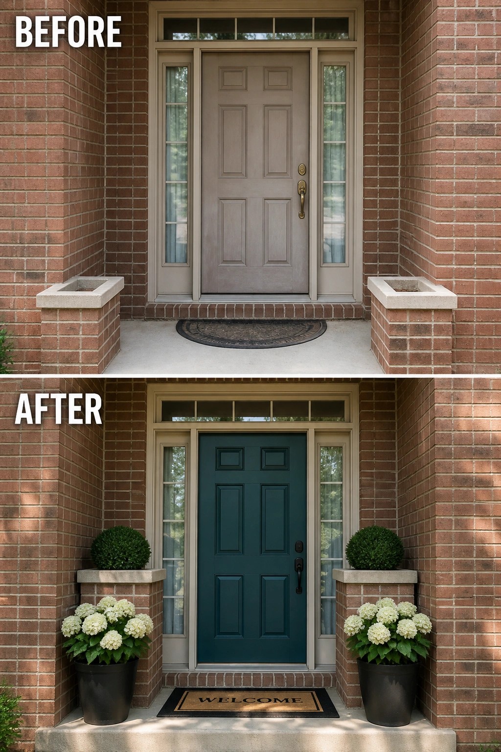 Before-and-after image of a plain front entry updated with a painted front door, matching planters, and a welcome mat.