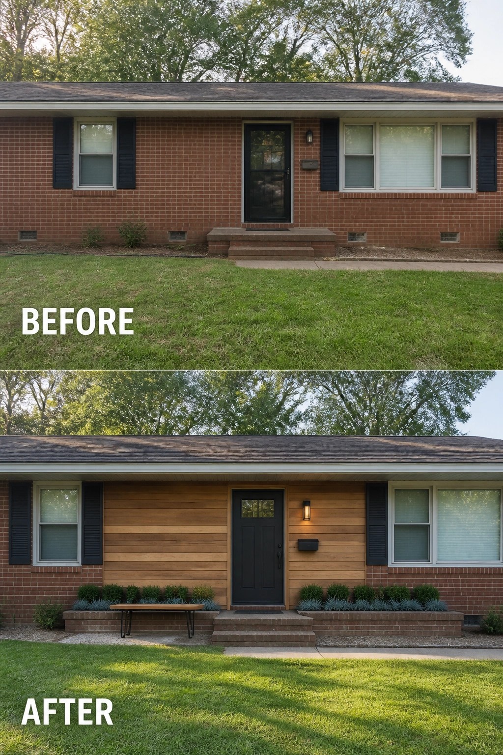 Before-and-after image of a brick house front where the central entry is updated with horizontal wood cladding and new planted garden beds.