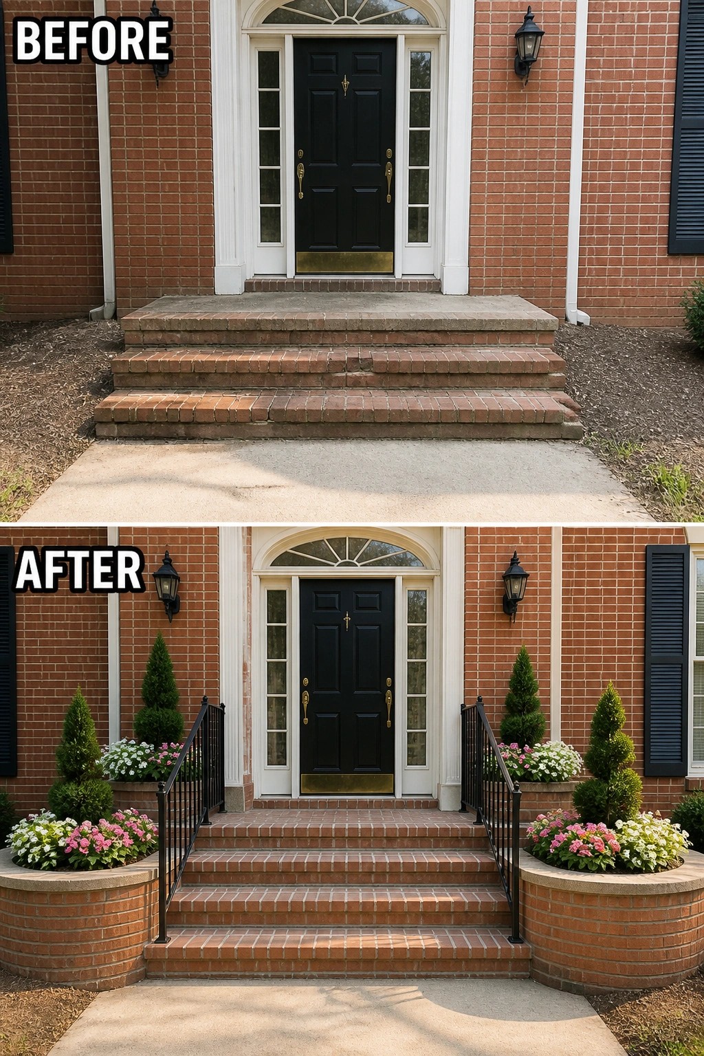 Before-and-after image of a plain front stoop updated with curved brick planters, black iron railings, and mixed evergreen and flowering plantings.