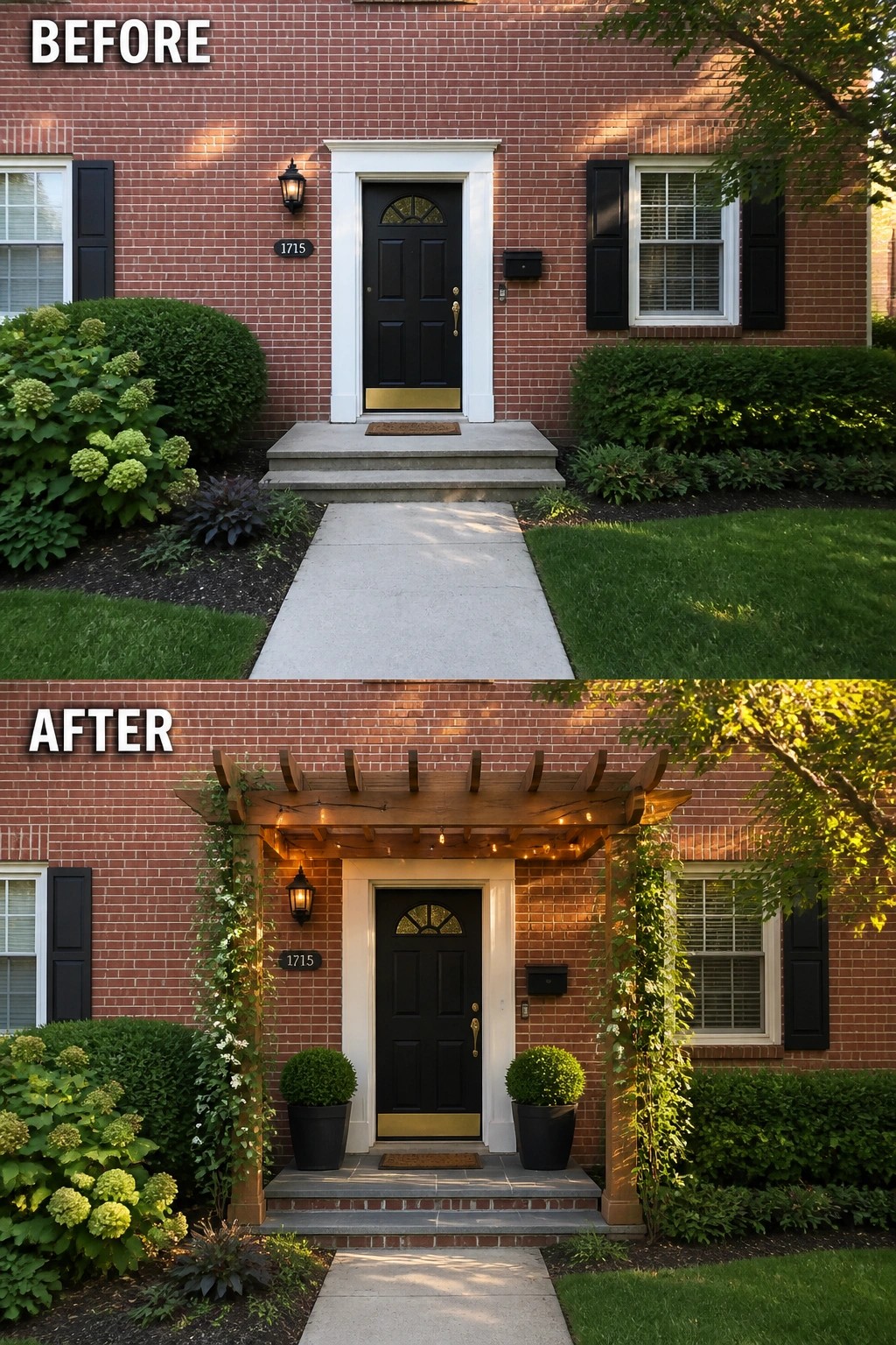 Before-and-after image of a plain front entry updated with a wooden pergola, matching planters, and exterior lighting.