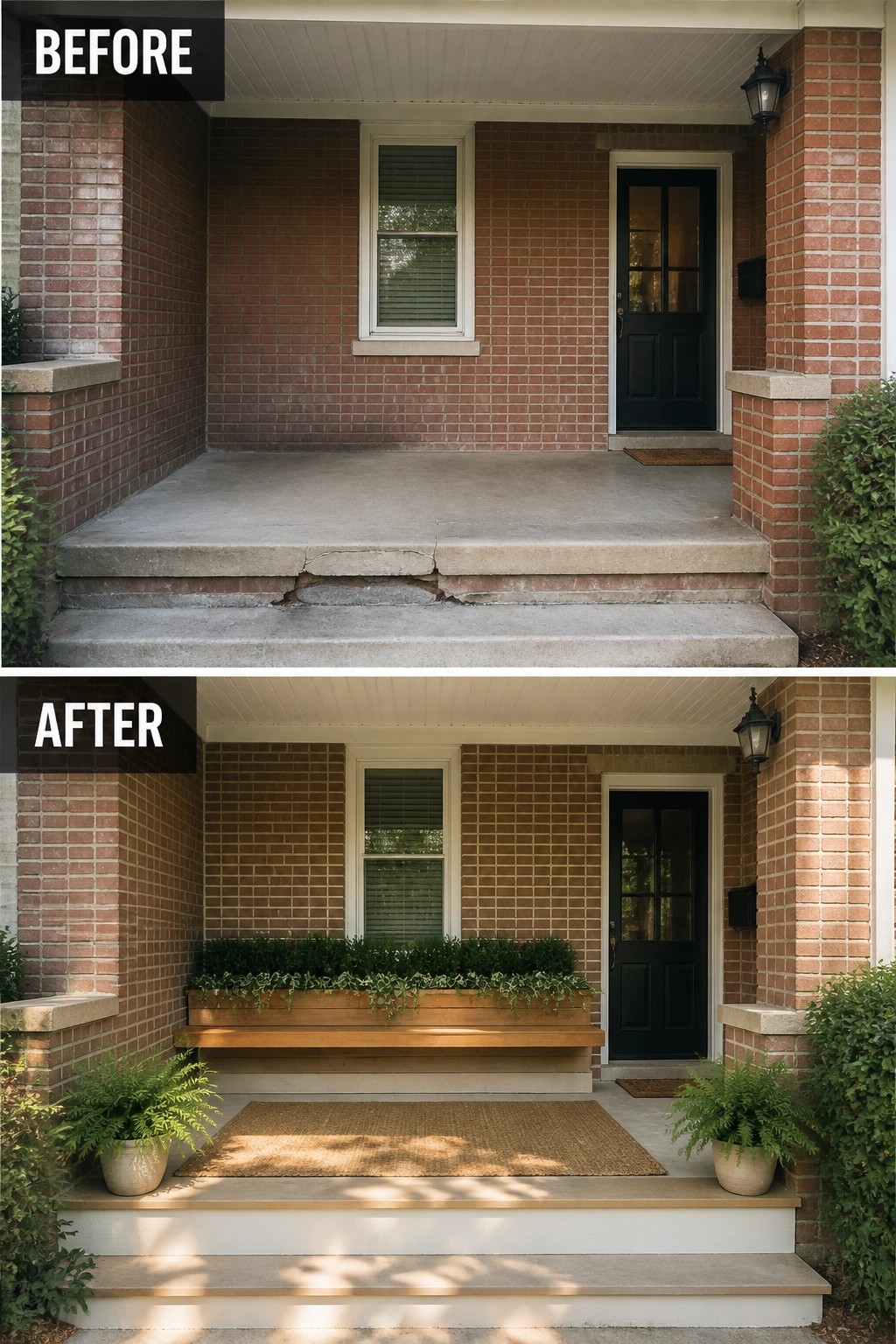 Before-and-after image of a bare front porch updated with a built-in wooden bench planter, repaired steps, a natural-fiber rug, and potted ferns.
