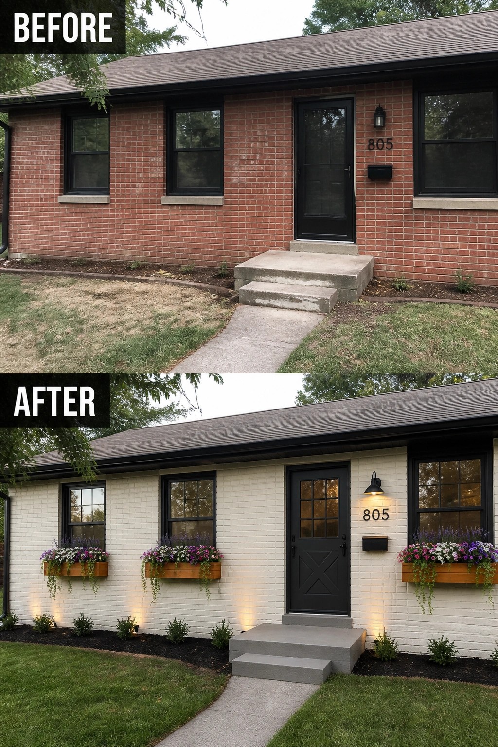 Before-and-after image of a red brick front facade updated by painting the brick a light neutral, adding dark trim and window flower boxes to create a refreshed entry.