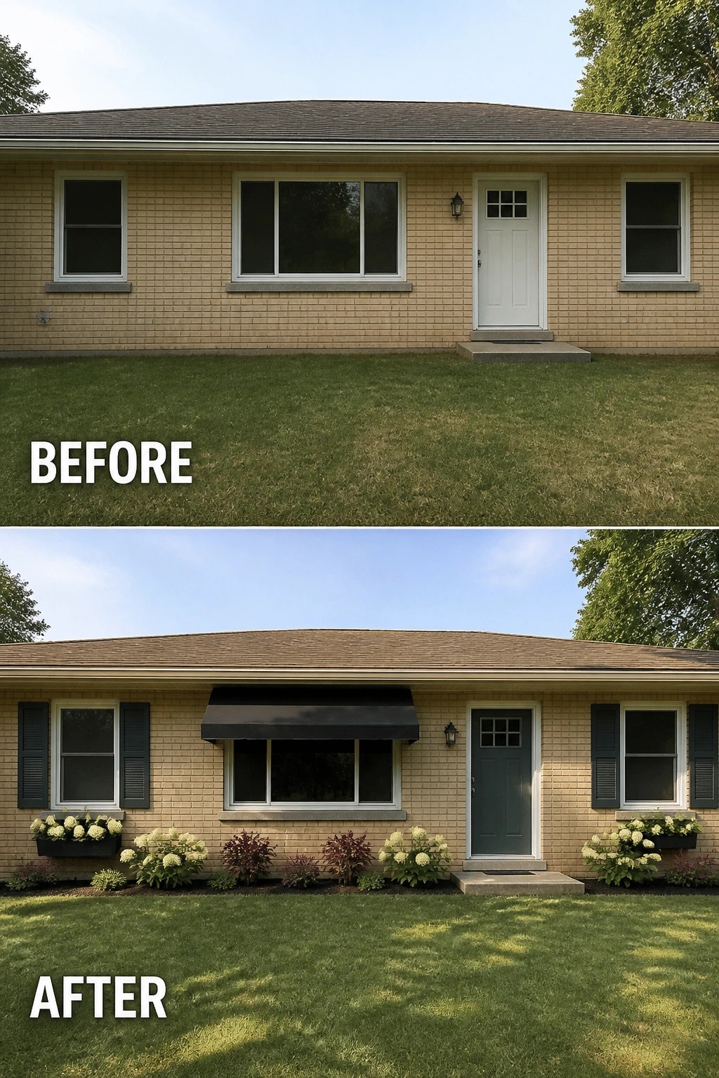 Before-and-after of beige brick ranch: added teal door, shutters, black awning, window boxes