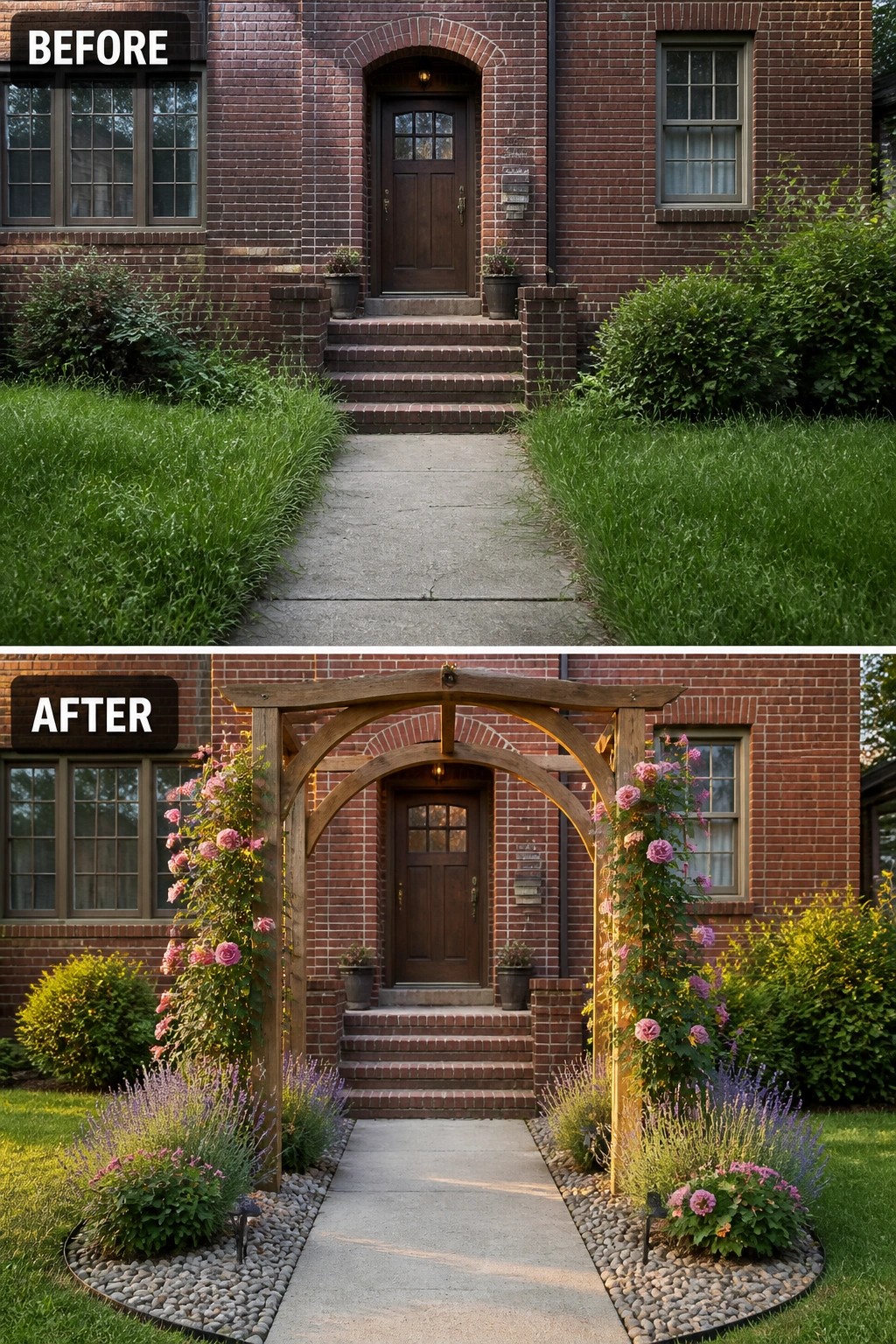Before-and-after image of a brick front entry changed from an overgrown lawn path into a framed doorway with a wooden arbor and neat planted borders.