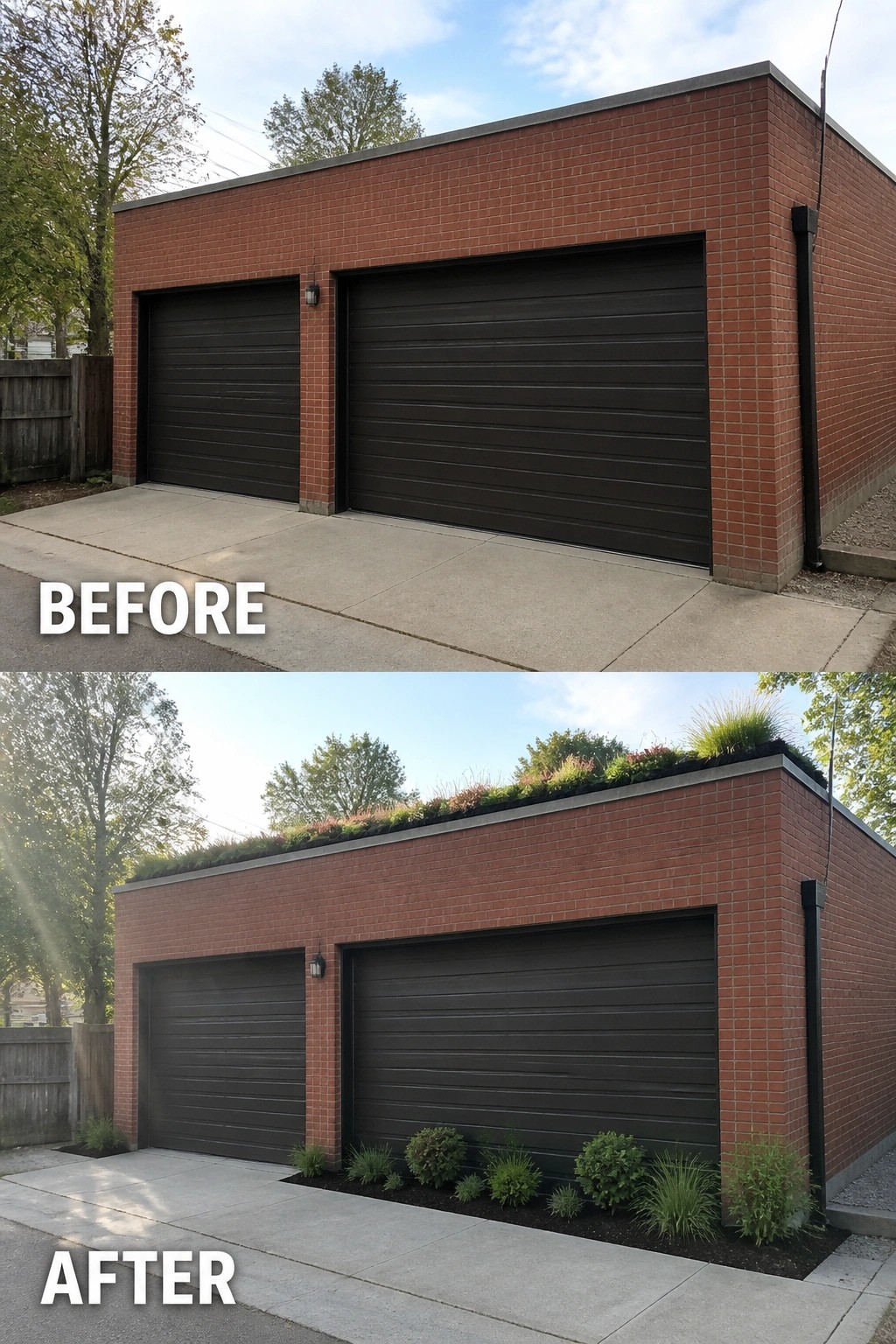Before and after composite showing red brick double garage with black doors, rooftop plants, shrubs