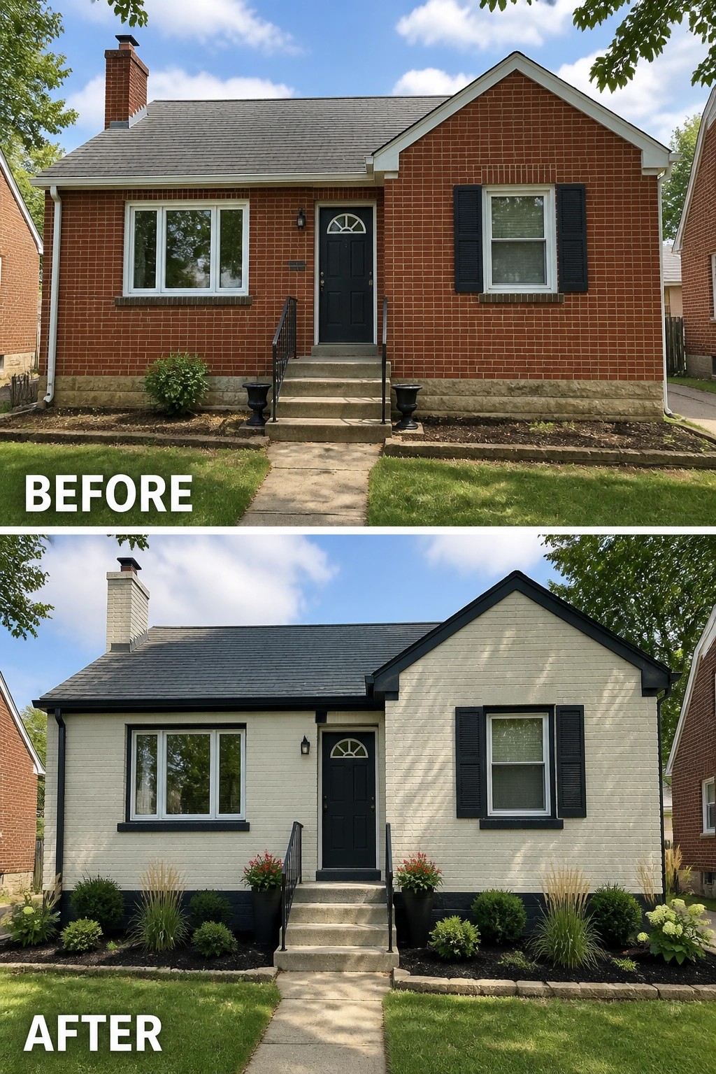 Before-and-after image of a single-story brick house updated by painting the brick a light cream and adding dark