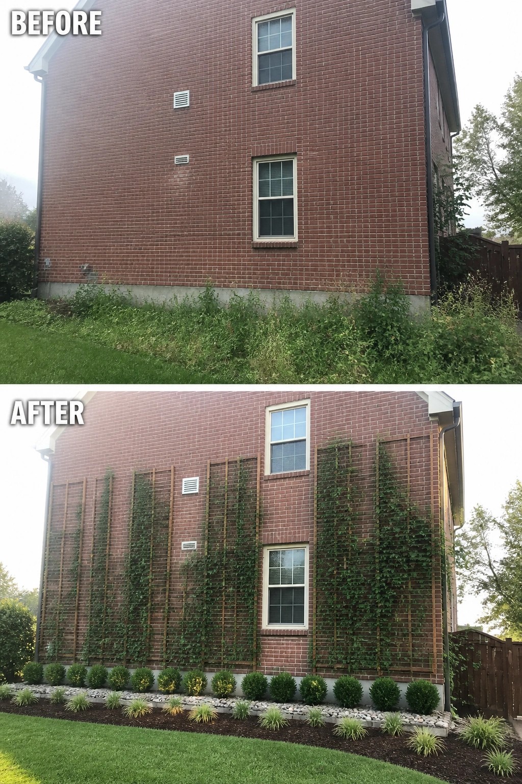 Before-and-after image showing a plain, overgrown brick house side updated with vertical wooden trellises, climbing vines, and a neat planted border.