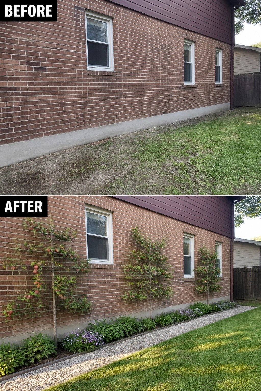 Before-and-after image of a bare strip of ground beside a brick house converted into a narrow garden bed with gravel edging, low perennials, and three espaliered trees against the wall.
