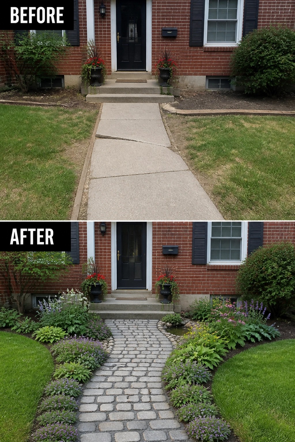 Split before-and-after: cracked straight concrete path; curved cobblestone walkway with lush plantings, brick house