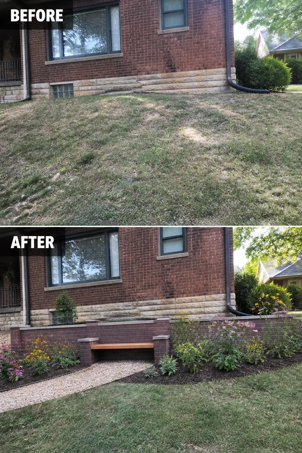 Before-and-after image of a sloped front yard changed from plain