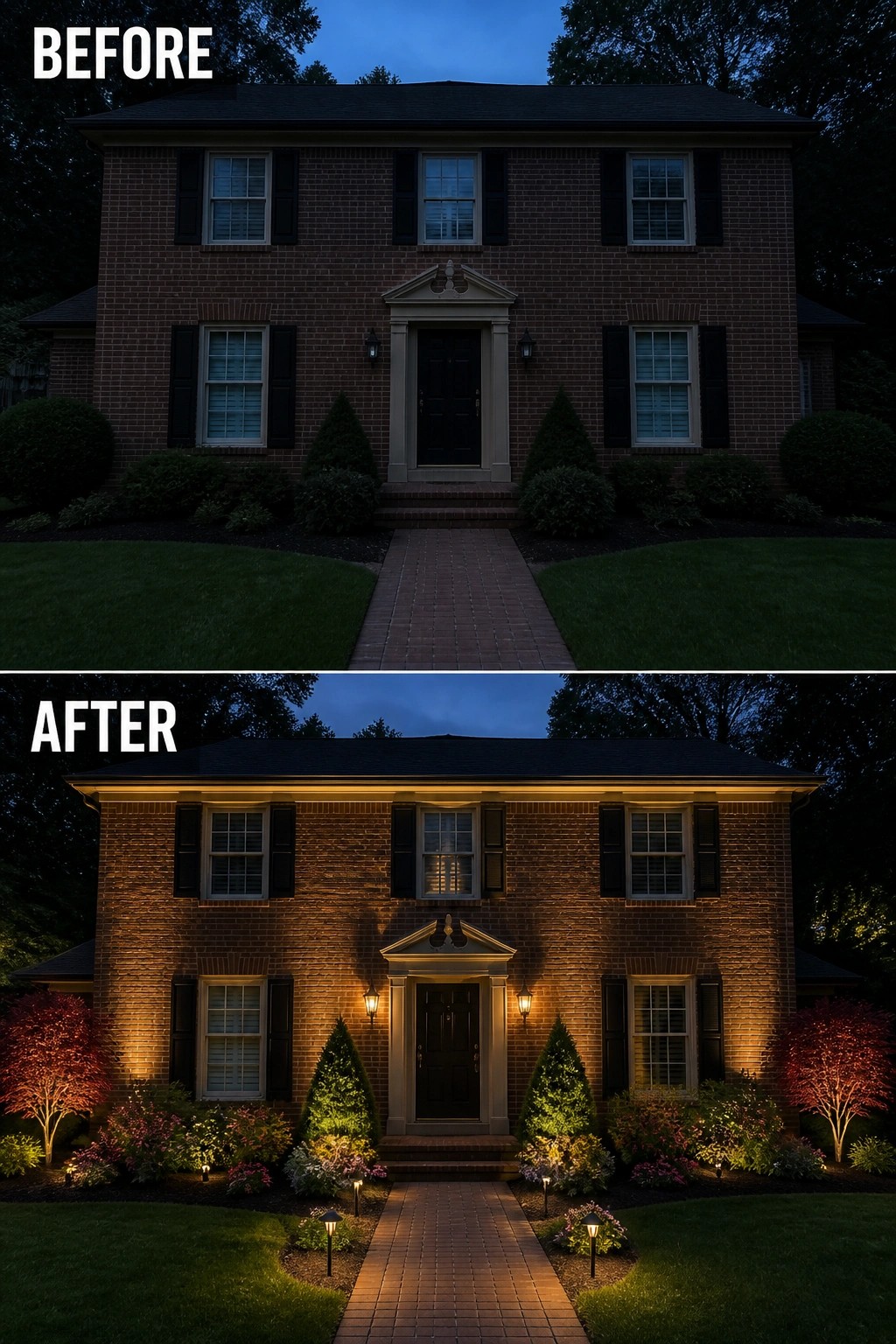 Before-and-after image of a dark brick house updated with warm wall lanterns, path lights, and uplighting that highlight the entry and landscaping.