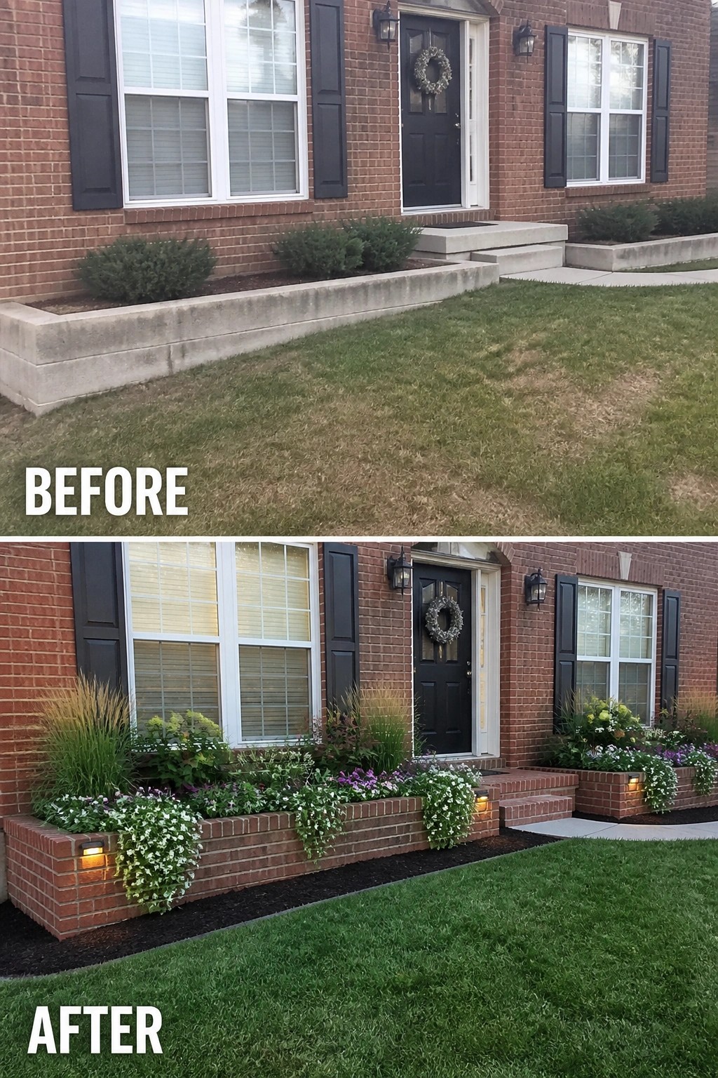 Before-and-after image of a house front where plain concrete planters were replaced with low brick raised beds with plants and integrated lighting.