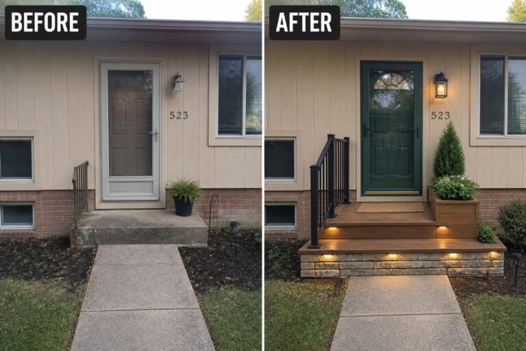 Before-and-after image of a plain concrete front stoop updated with layered wooden steps, stone facing, a new front door, recessed step lighting, and planters