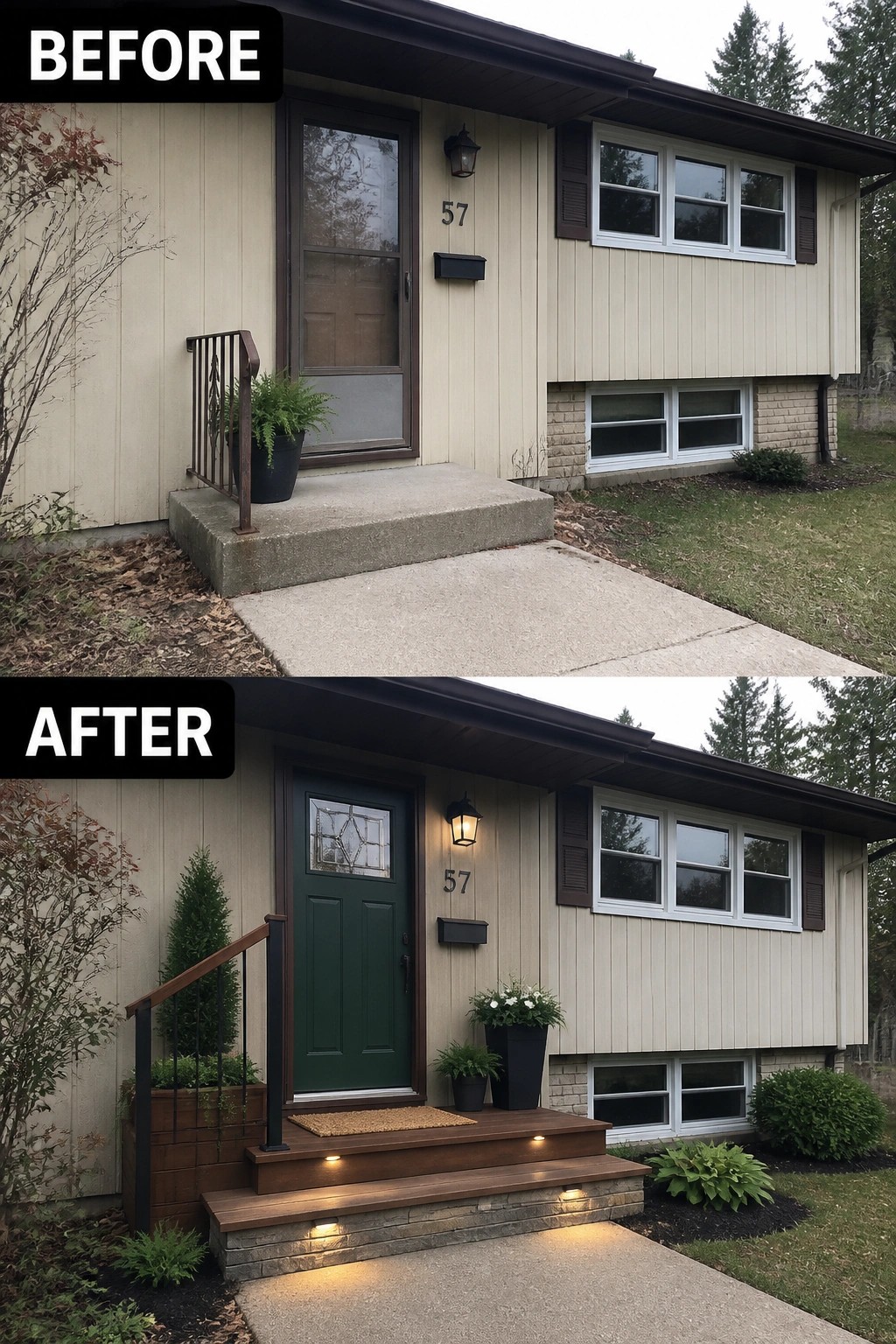Before-and-after image of a plain concrete front stoop updated with layered wooden steps, stone facing, a new front door, recessed step lighting, and planters