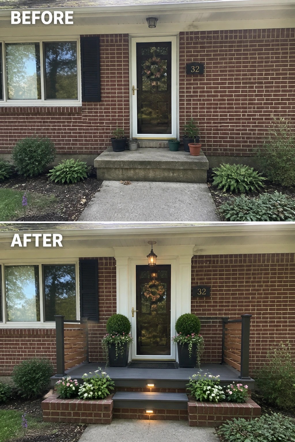 Before-and-after image of a bare concrete entry updated to a small raised porch with steps, railings, planters, and step lighting.