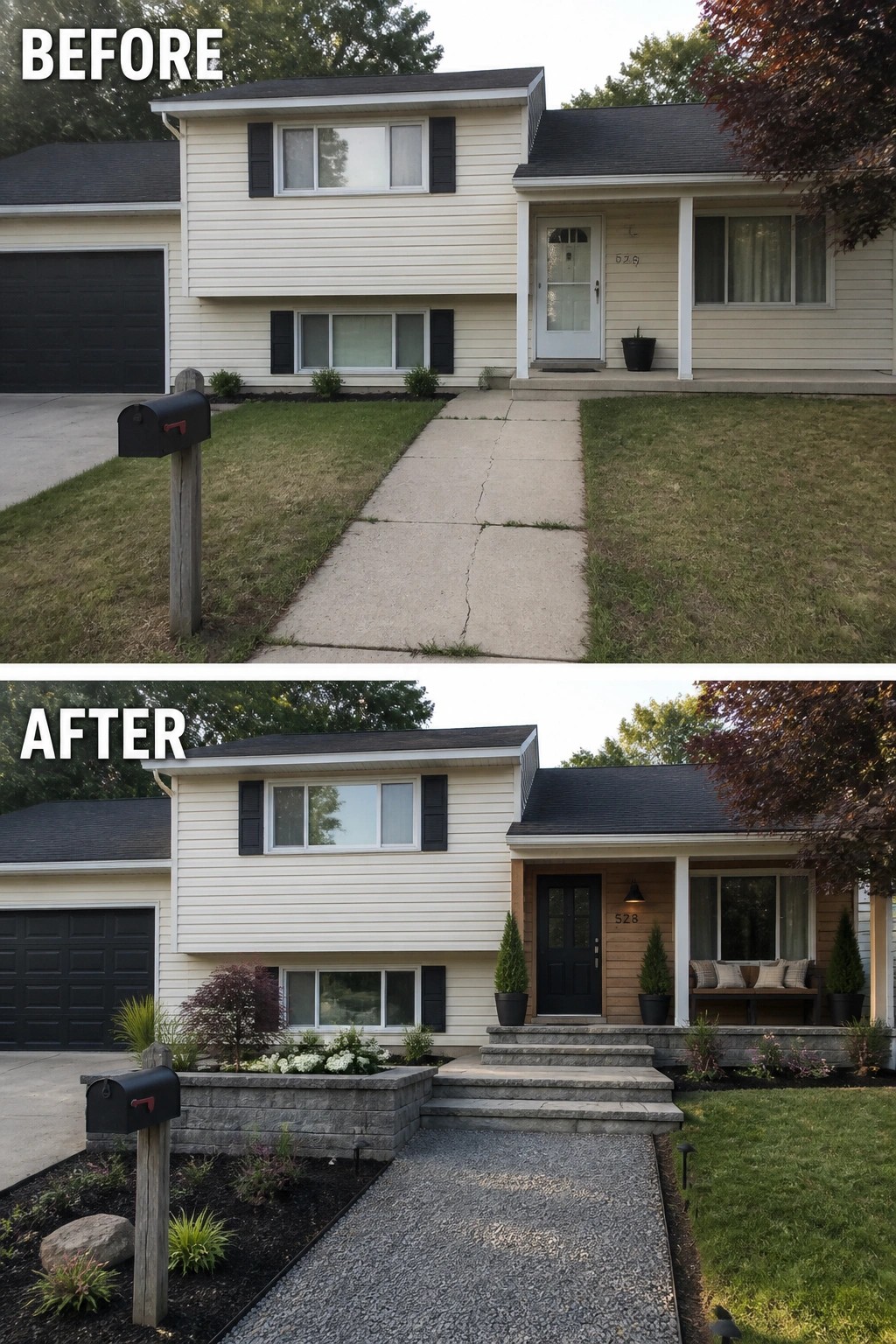 Before-and-after image of a split-level front porch updated with stone steps, a raised planter, a new darker front door, and seating.