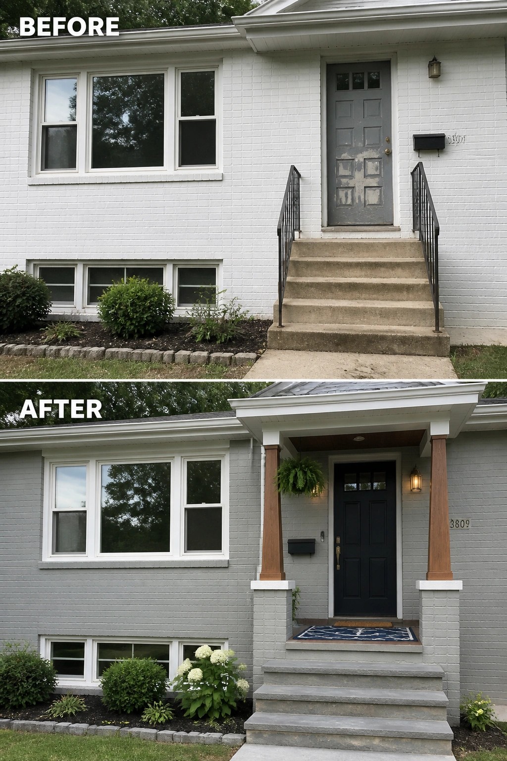 Before-and-after image of a plain split-level front updated with a small covered porch supported by wooden columns, a new dark front door, exterior lanterns, steps, and fresh plantings.
