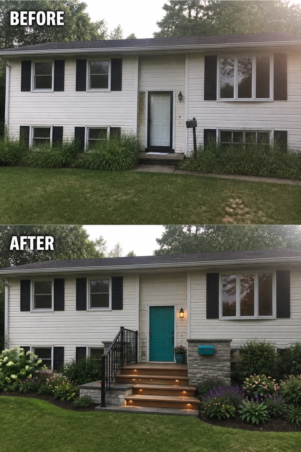 Before-and-after image of a split-level front facade where an unremarkable entry and overgrown planting are replaced with a painted front door, new steps with built-in lights, a railing, and tidy garden beds.