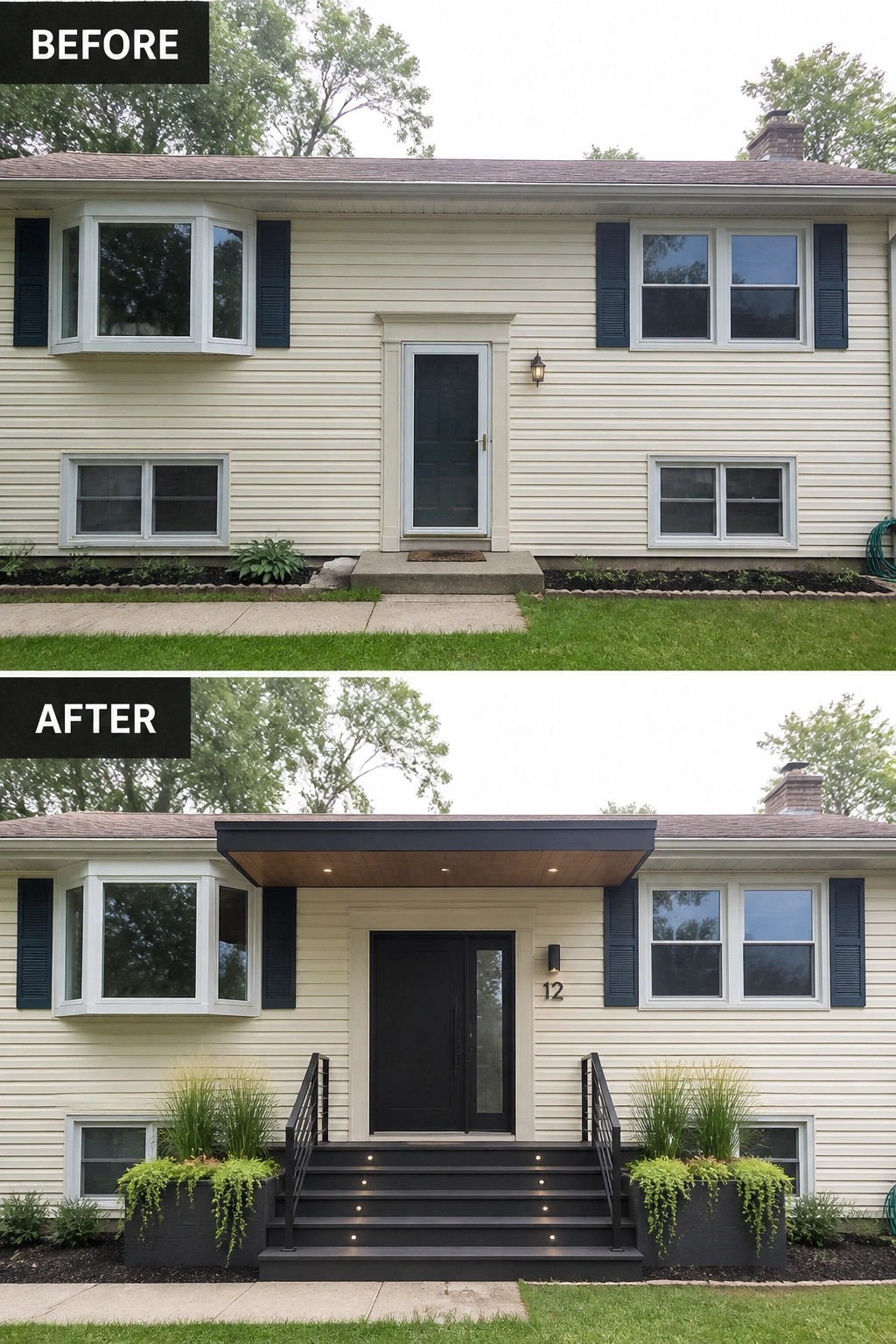 Before-and-after image of a split-level house where the plain entry was updated with a shallow covered canopy, a flight of black steps with railings and recessed lights, and large matching planters.