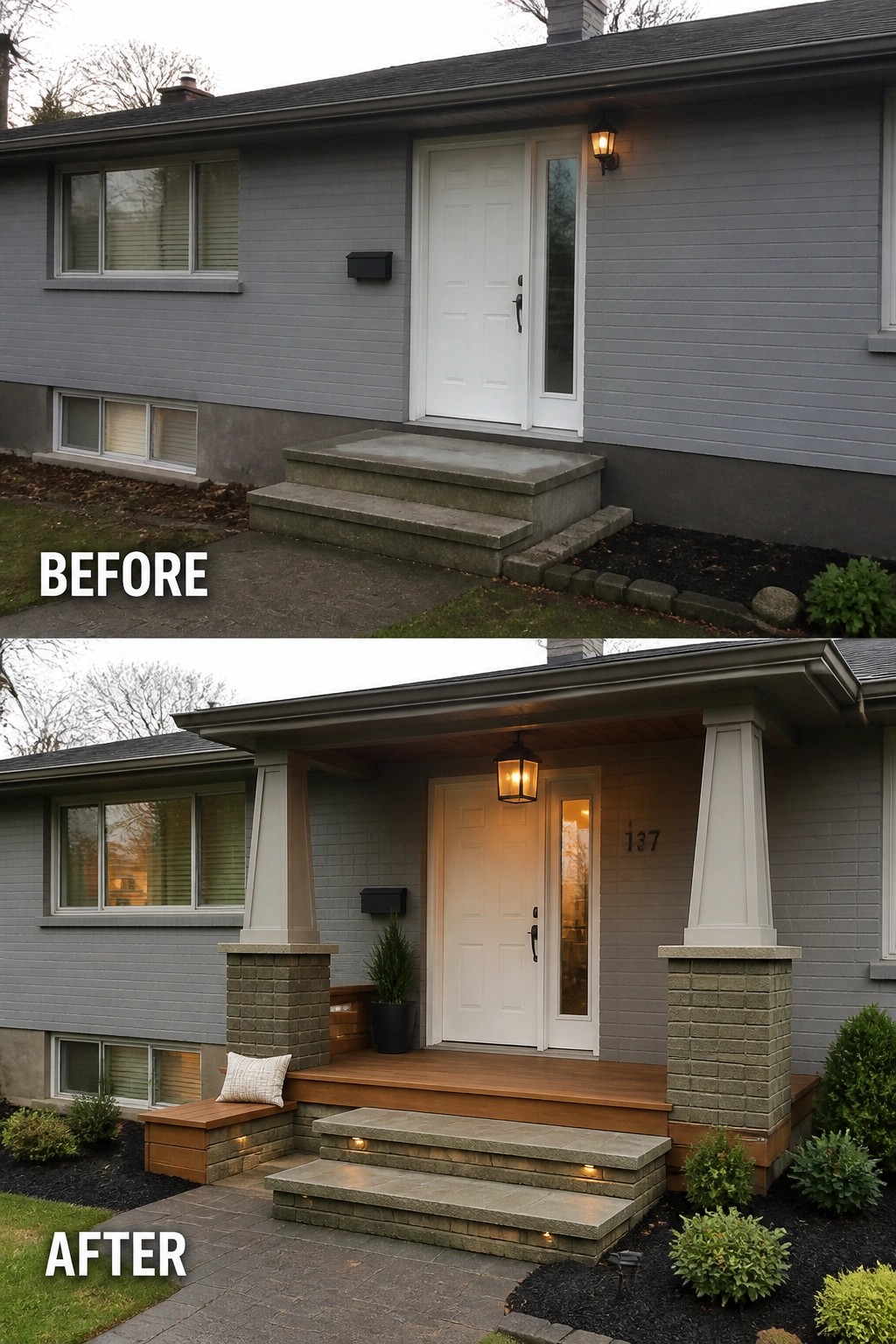 Before-and-after image of a plain split-level front entry updated from bare concrete steps to a small covered porch with tapered columns, wood decking, stone-clad pillars, built-in bench, planters, and step lighting.